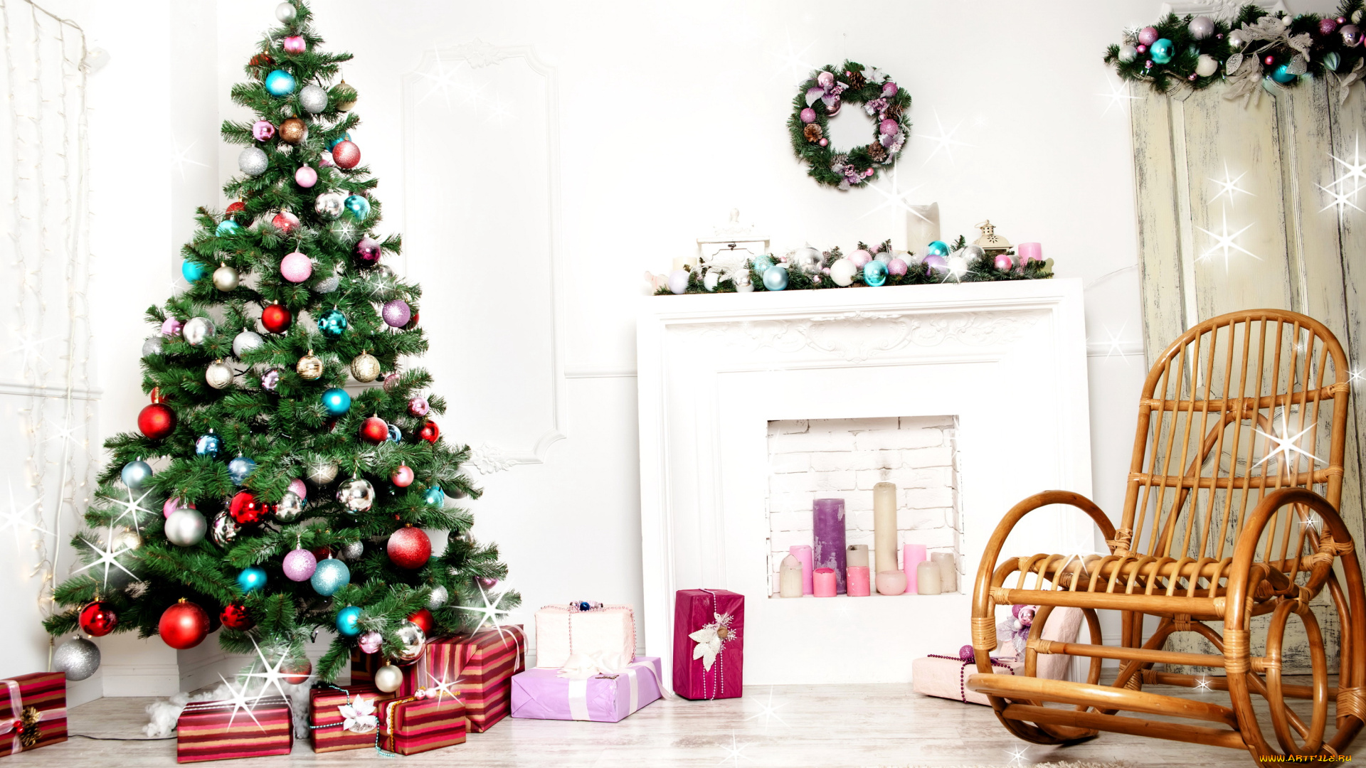 праздничные, новогодний, очаг, елка, подарки, камин, кресло, шарики