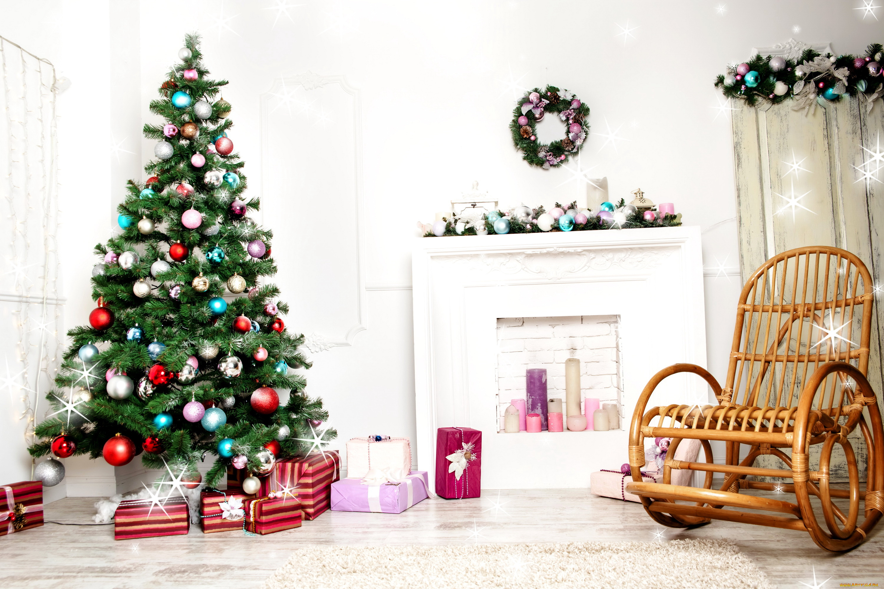 праздничные, новогодний, очаг, елка, подарки, камин, кресло, шарики