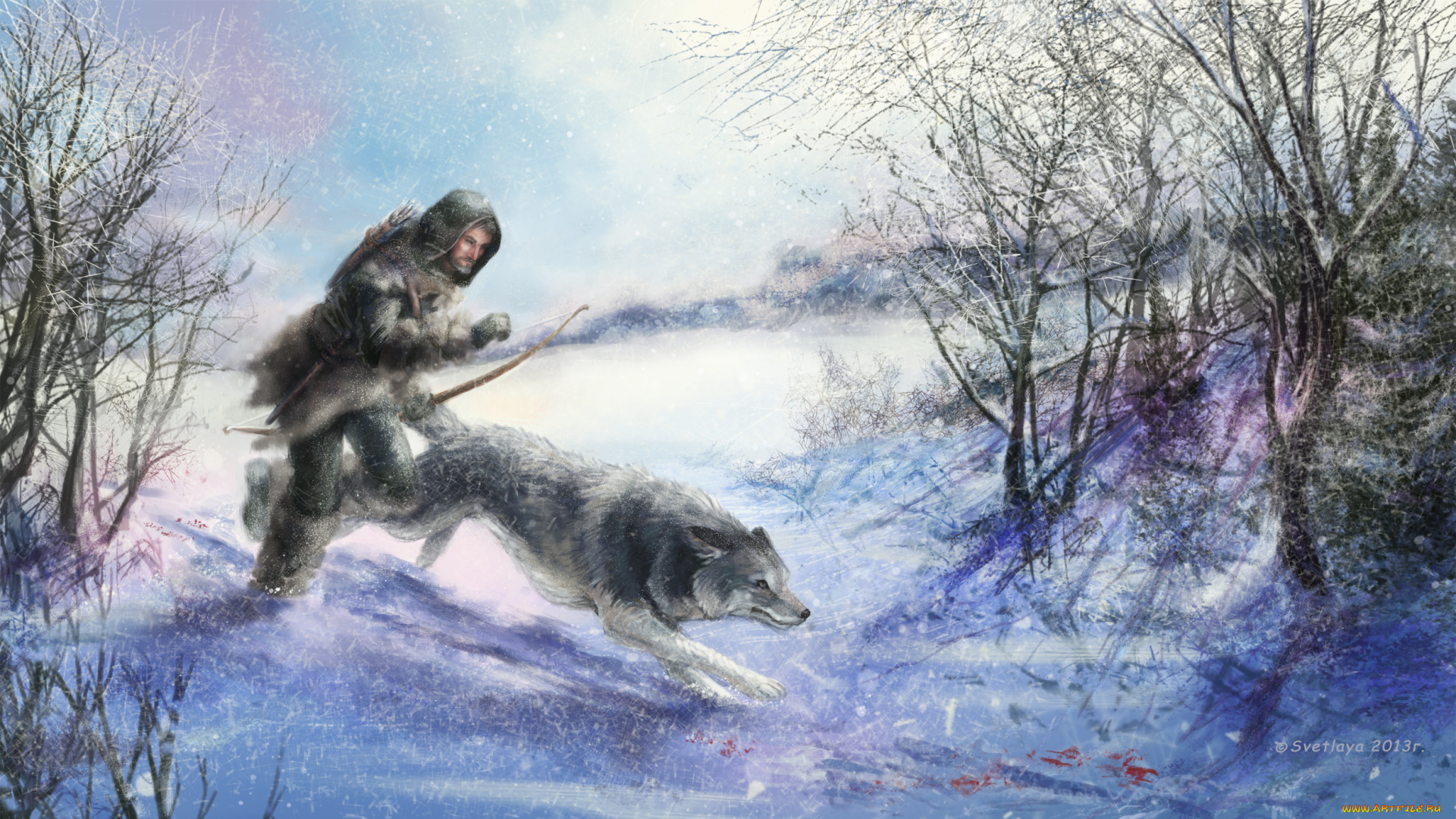 фэнтези, люди, зима, волк, животное, охотник, деревья, снег, арт