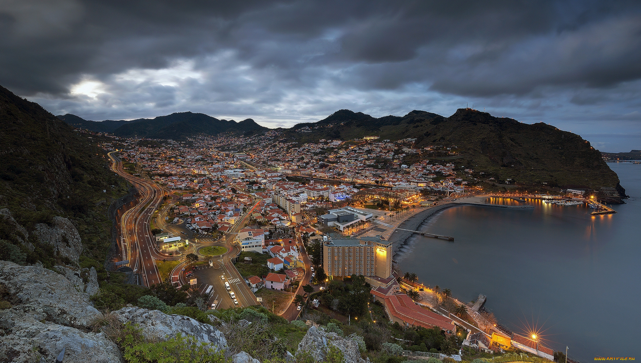 machico, bay, города, -, панорамы, побережье, залив, мачико, португалия, остров, мадейра