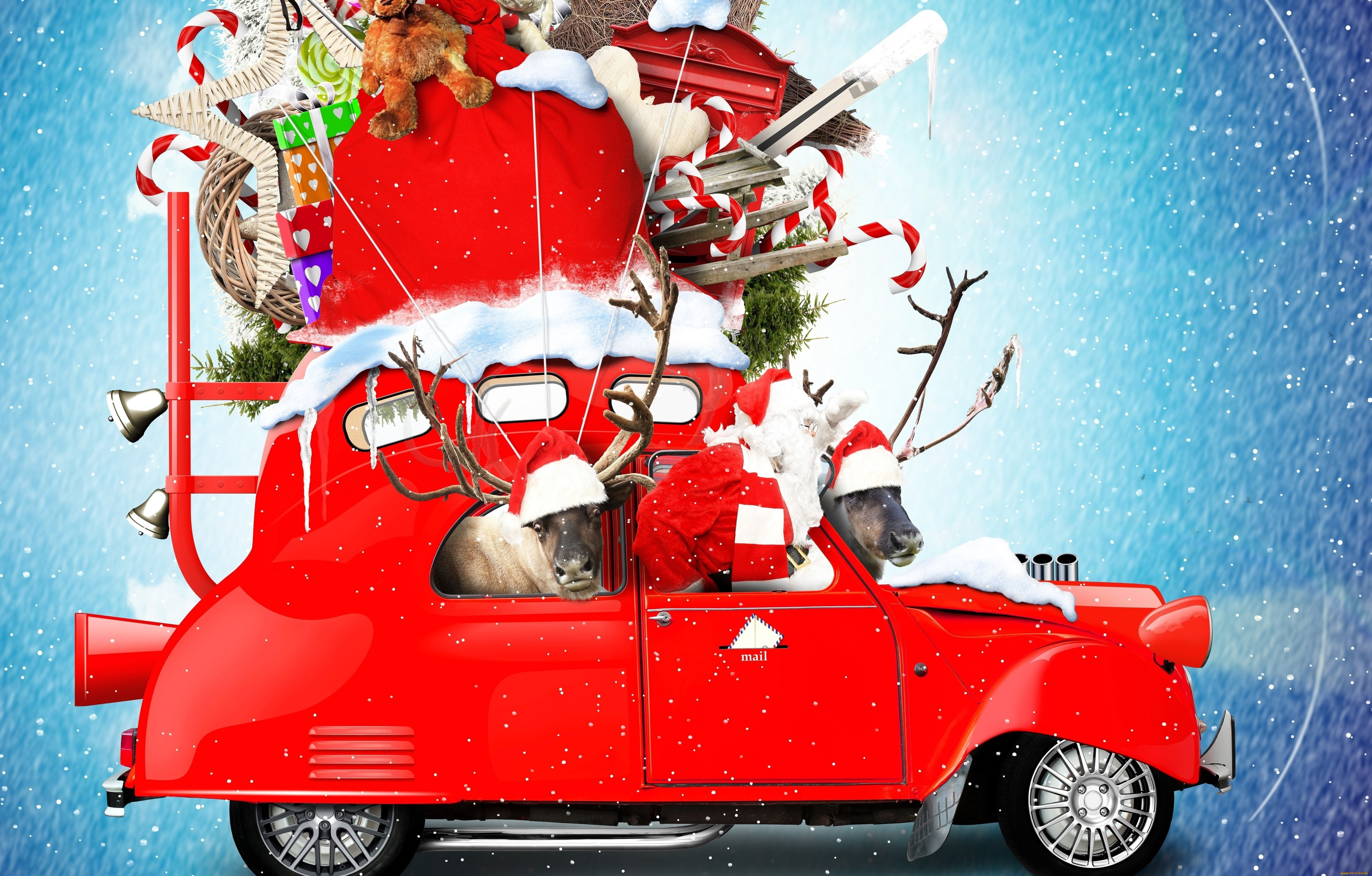 праздничные, дед, мороз, , санта, клаус, автомобиль, новый, год, санта-клаус, игрушки, снежинки, снег, дед, мороз, подарки, праздник, фон, плюшевые, леденцы, олени, красный, креатив, колокольчики, фотошоп, мешок, рождество