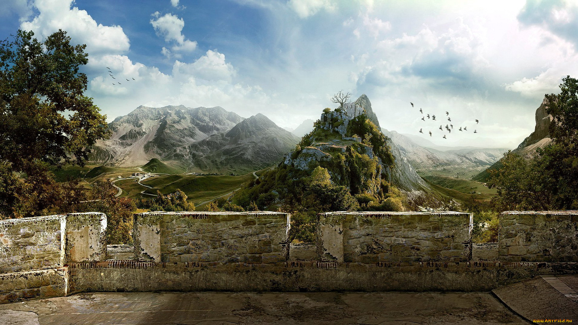 рисованное, природа, горы, долина, птицы, облака, стена, замок