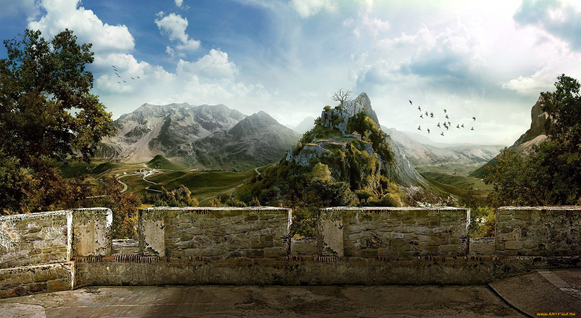 рисованное, природа, горы, долина, птицы, облака, стена, замок