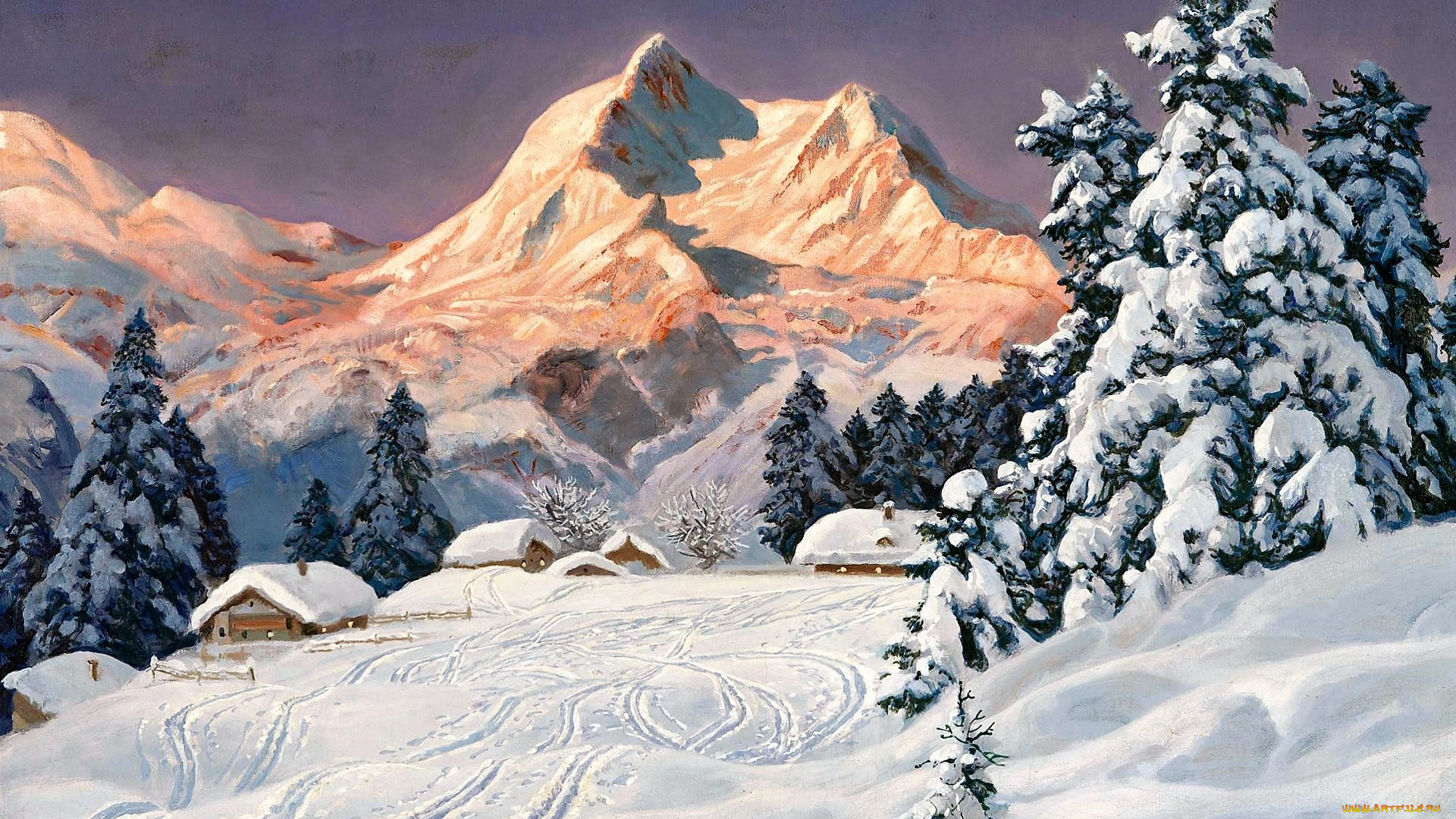 alois, arnegger, рисованное, горы, зима, снег, деревня