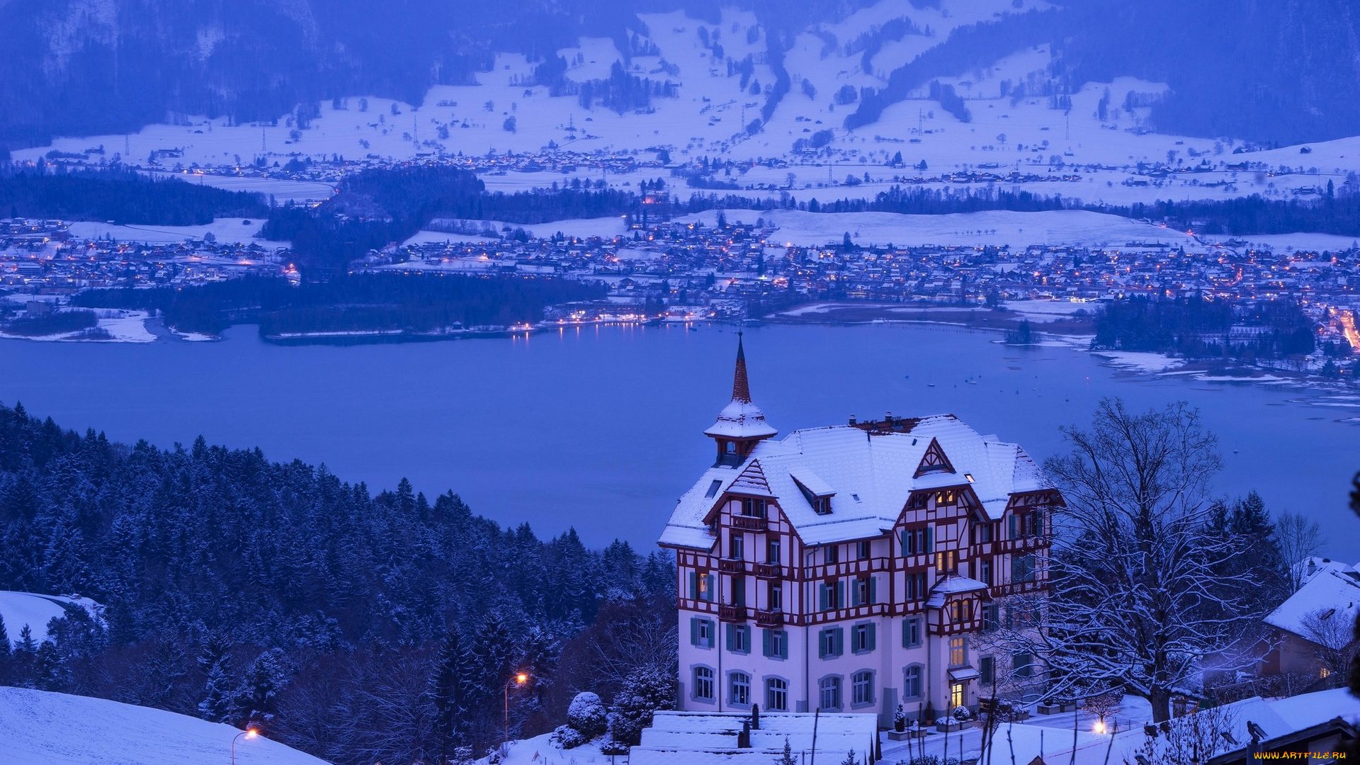монтрё, , швейцария, города, -, пейзажи, швейцария, зима, пейзаж, озеро, деревня, здание, синий, фиолетовый