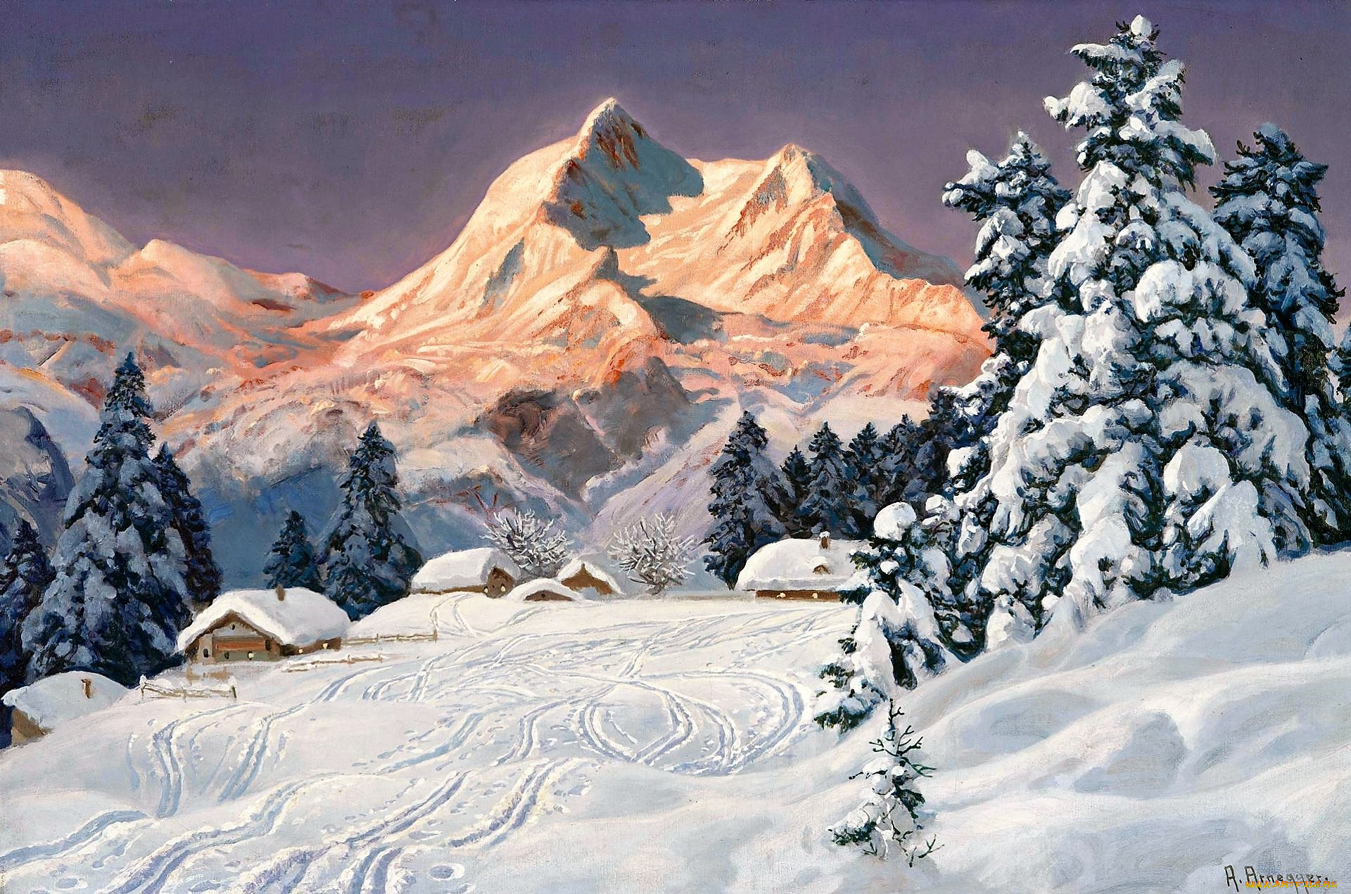 alois, arnegger, рисованное, горы, зима, снег, деревня