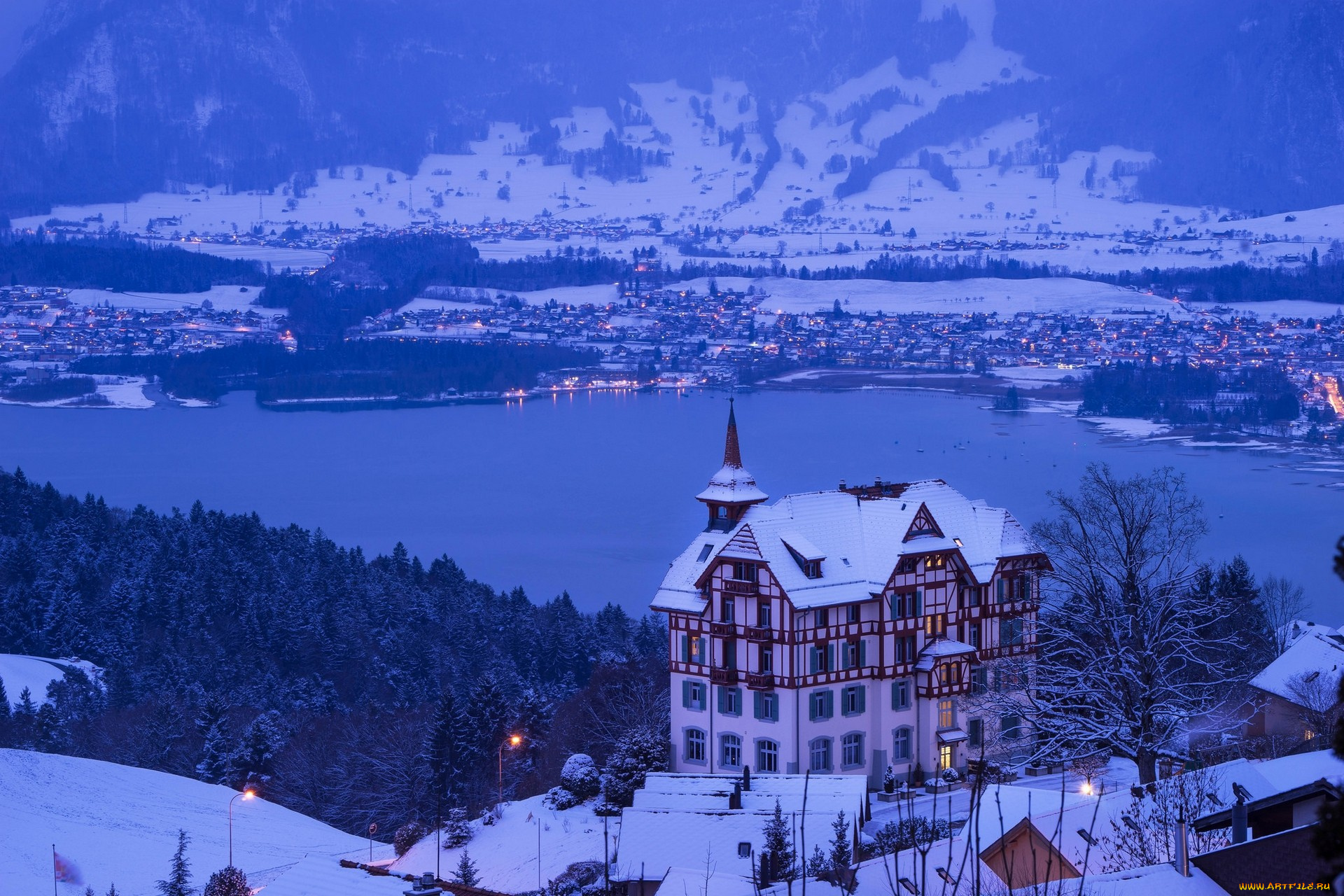 монтрё, , швейцария, города, -, пейзажи, швейцария, зима, пейзаж, озеро, деревня, здание, синий, фиолетовый