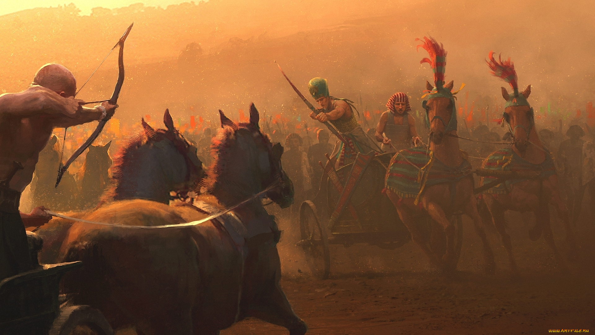 фэнтези, люди, египтяне, колесницы, битва, лошади, сражение, лучники