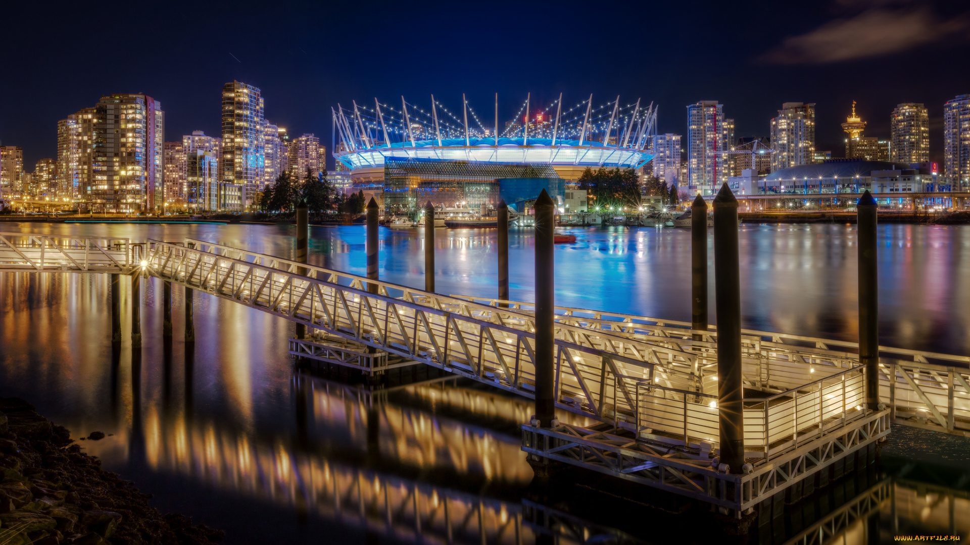 vancouver, города, ванкувер, , канада, ночь, здания, огни, вода