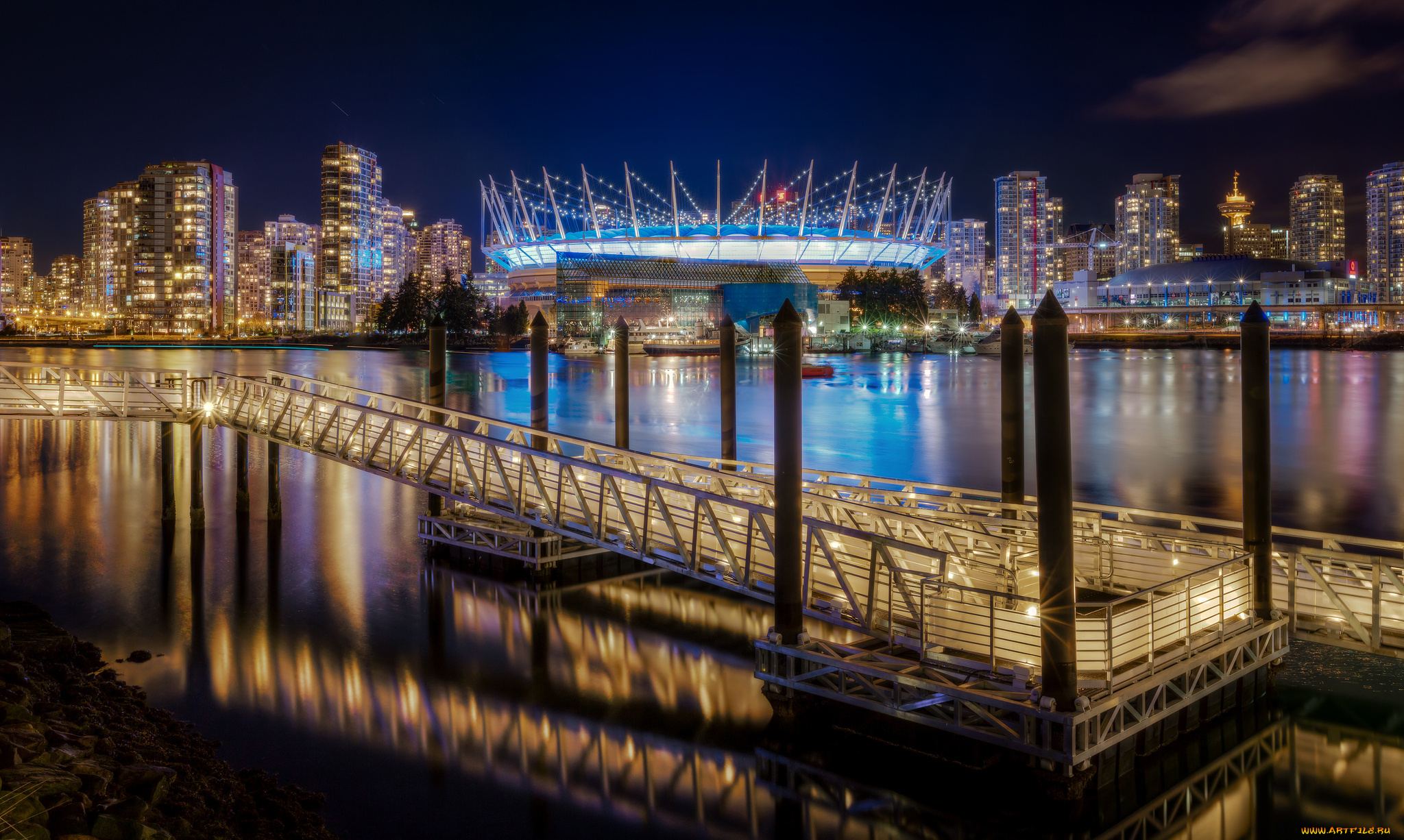 vancouver, города, ванкувер, , канада, ночь, здания, огни, вода