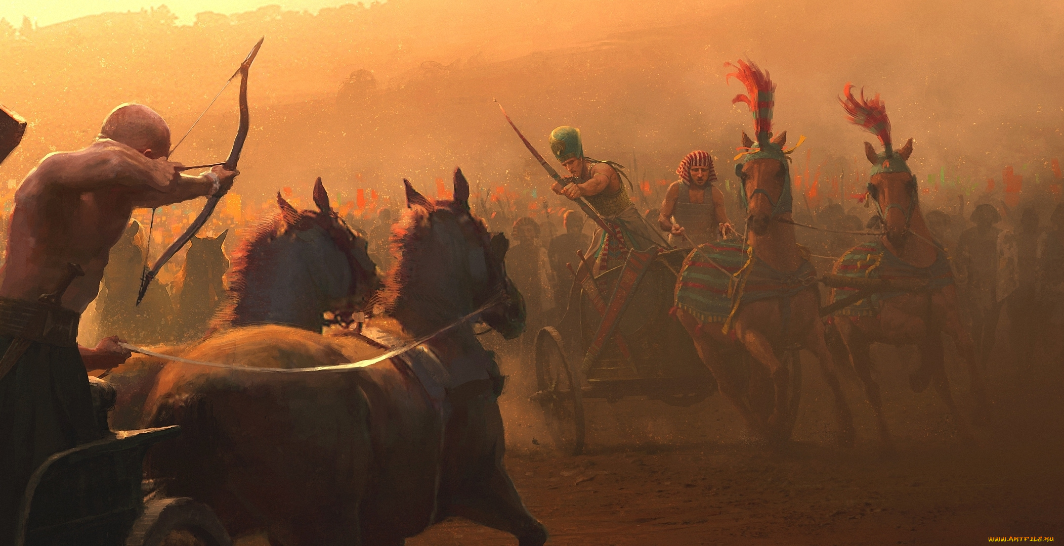 фэнтези, люди, египтяне, колесницы, битва, лошади, сражение, лучники