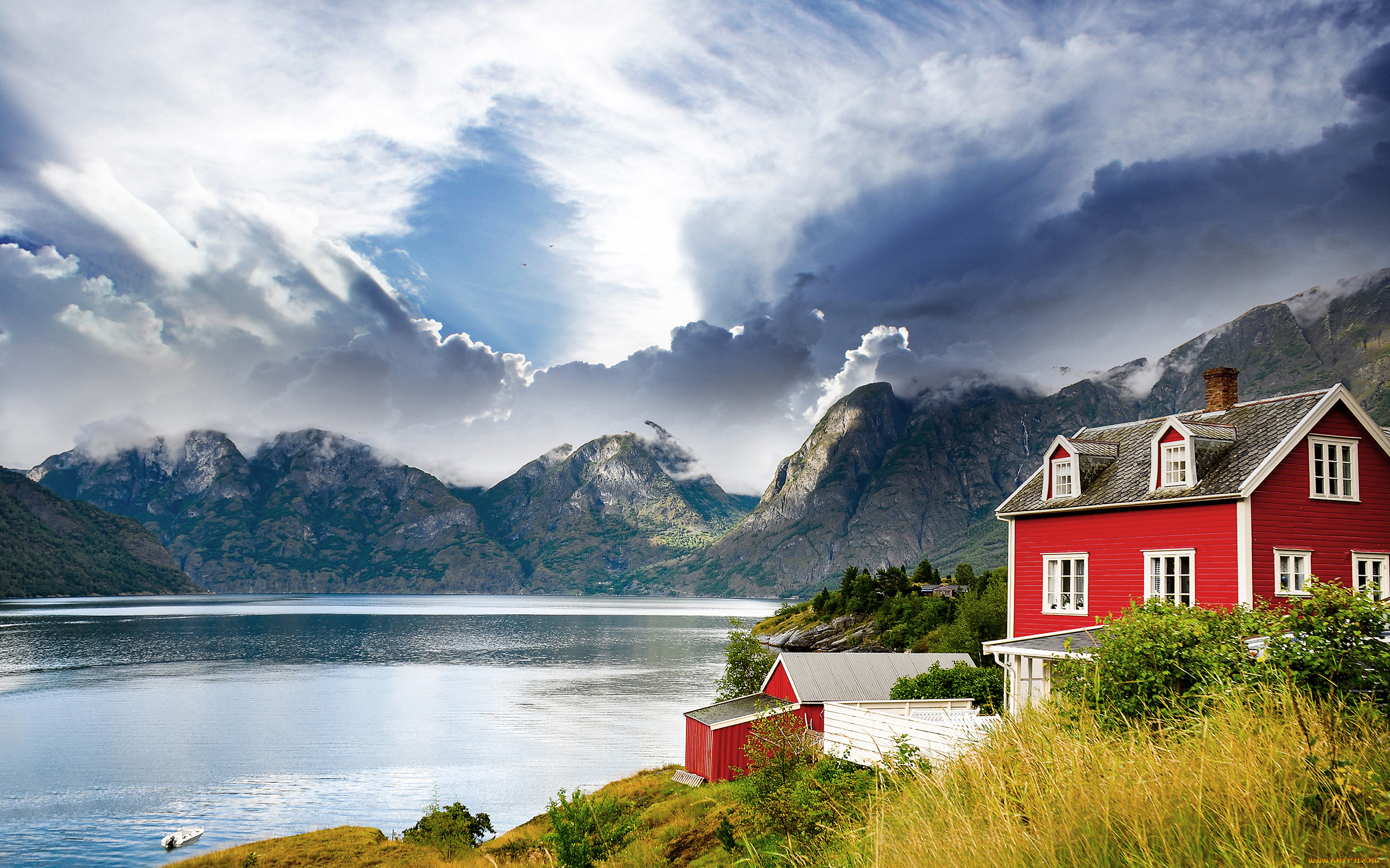 norway, природа, реки, озера, пейзаж, дом, горы, озеро, фьорд, норвегия