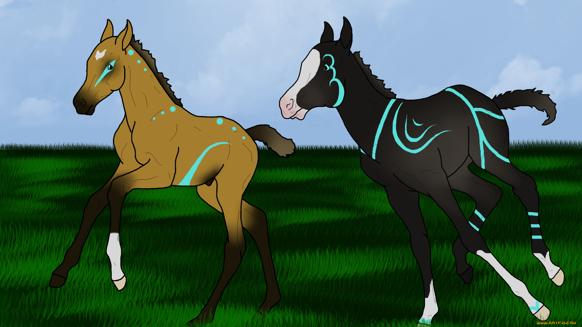 рисованное, животные, , лошади, трава, лето, лошадки