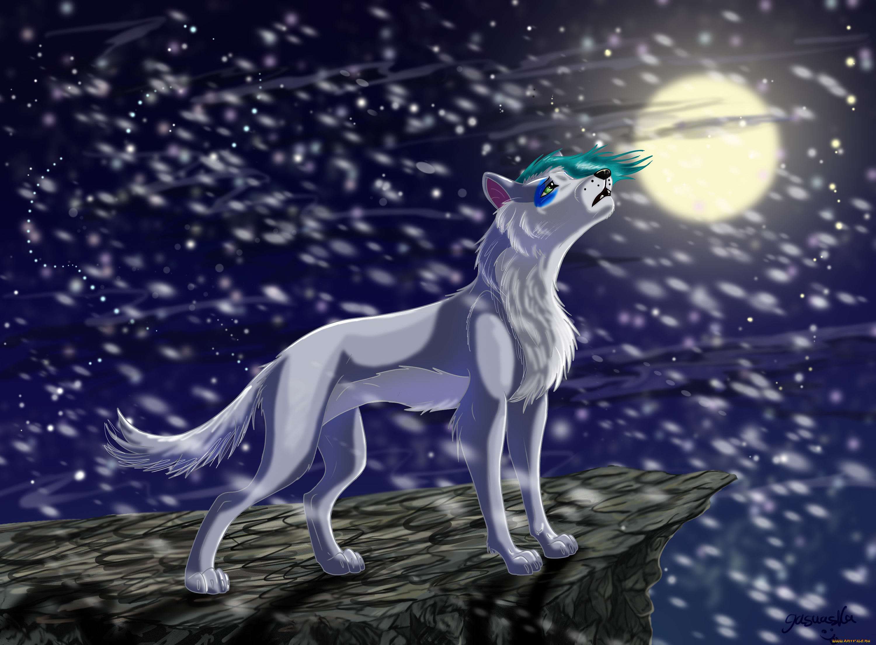 рисованное, животные, , волки, луна, снег, волк