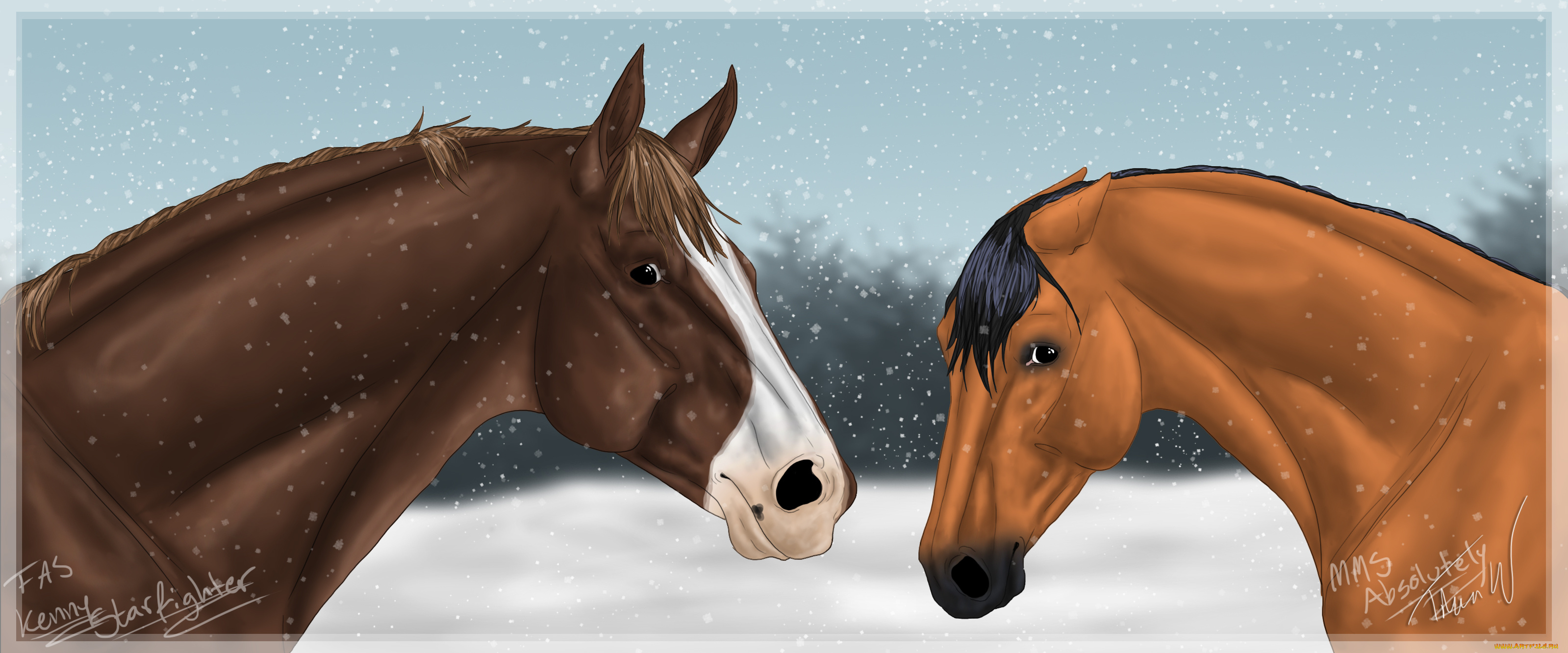 рисованное, животные, , лошади, снег, фон, лошади
