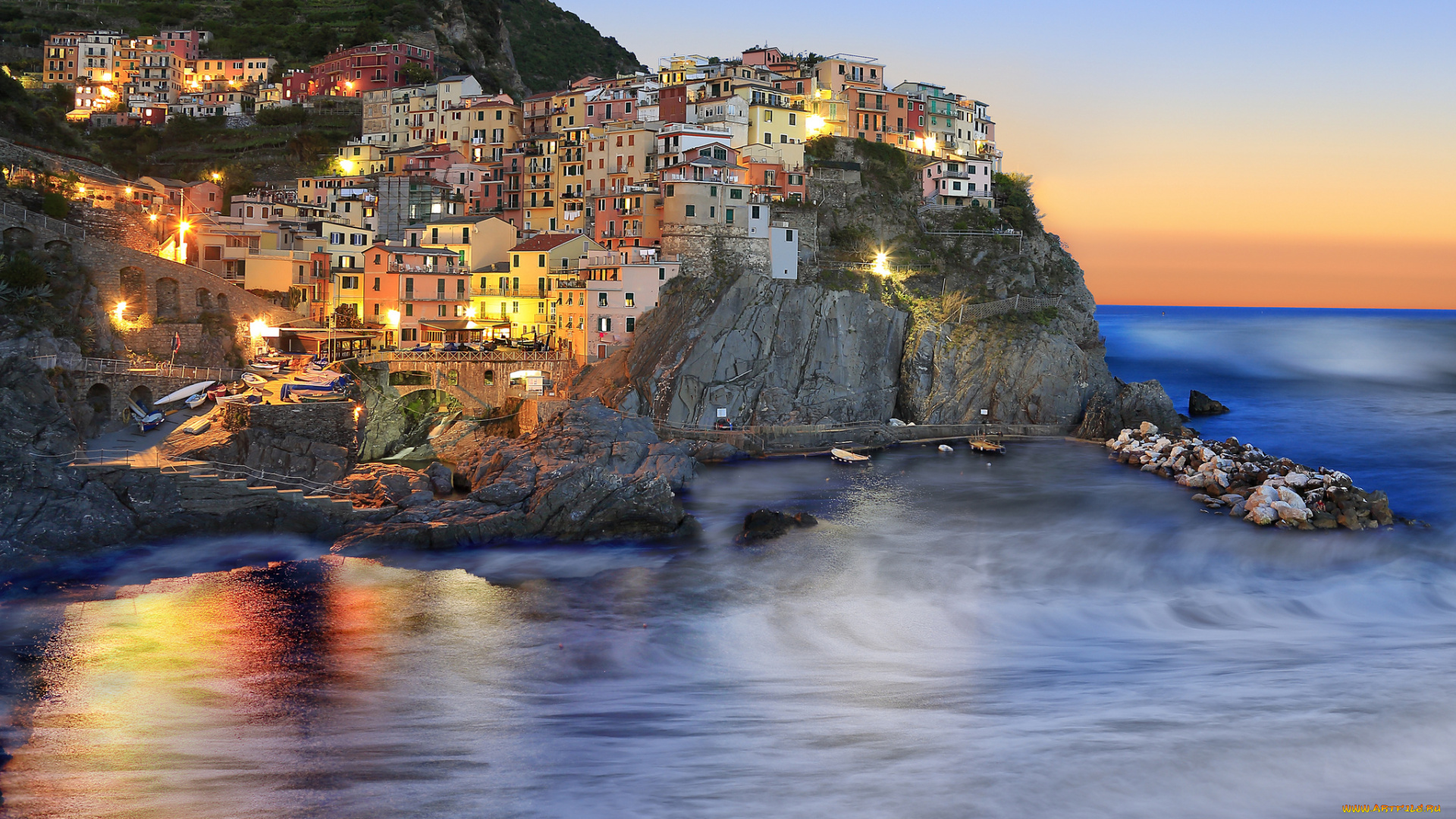 italy, -, cinque, terre, manarola, города, -, огни, ночного, города, побережье