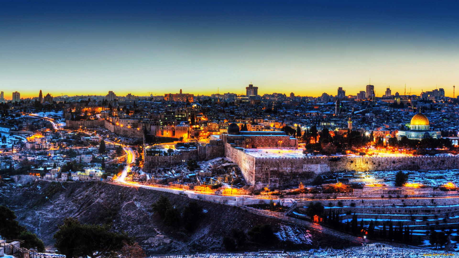 города, иерусалим, , израиль, панорама, вечер, огни