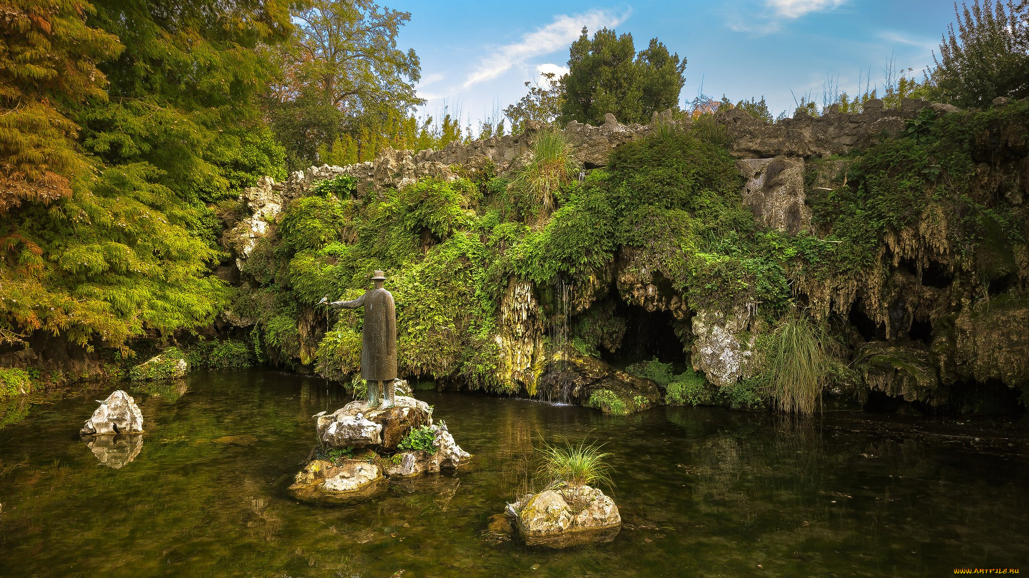 природа, парк, скульптура, камни, водоем