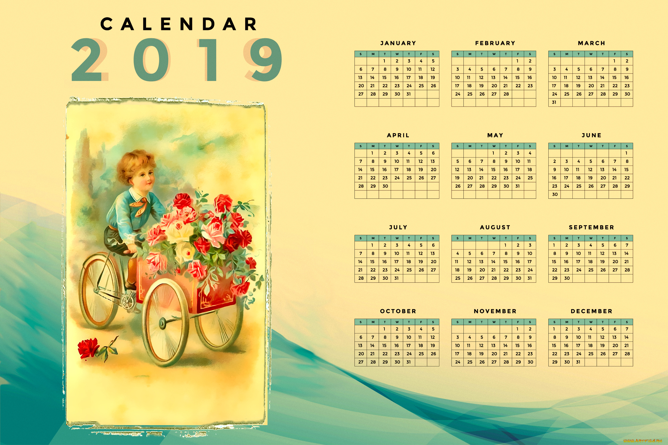 календари, рисованные, , векторная, графика, ребенок, тележка, мальчик, цветы