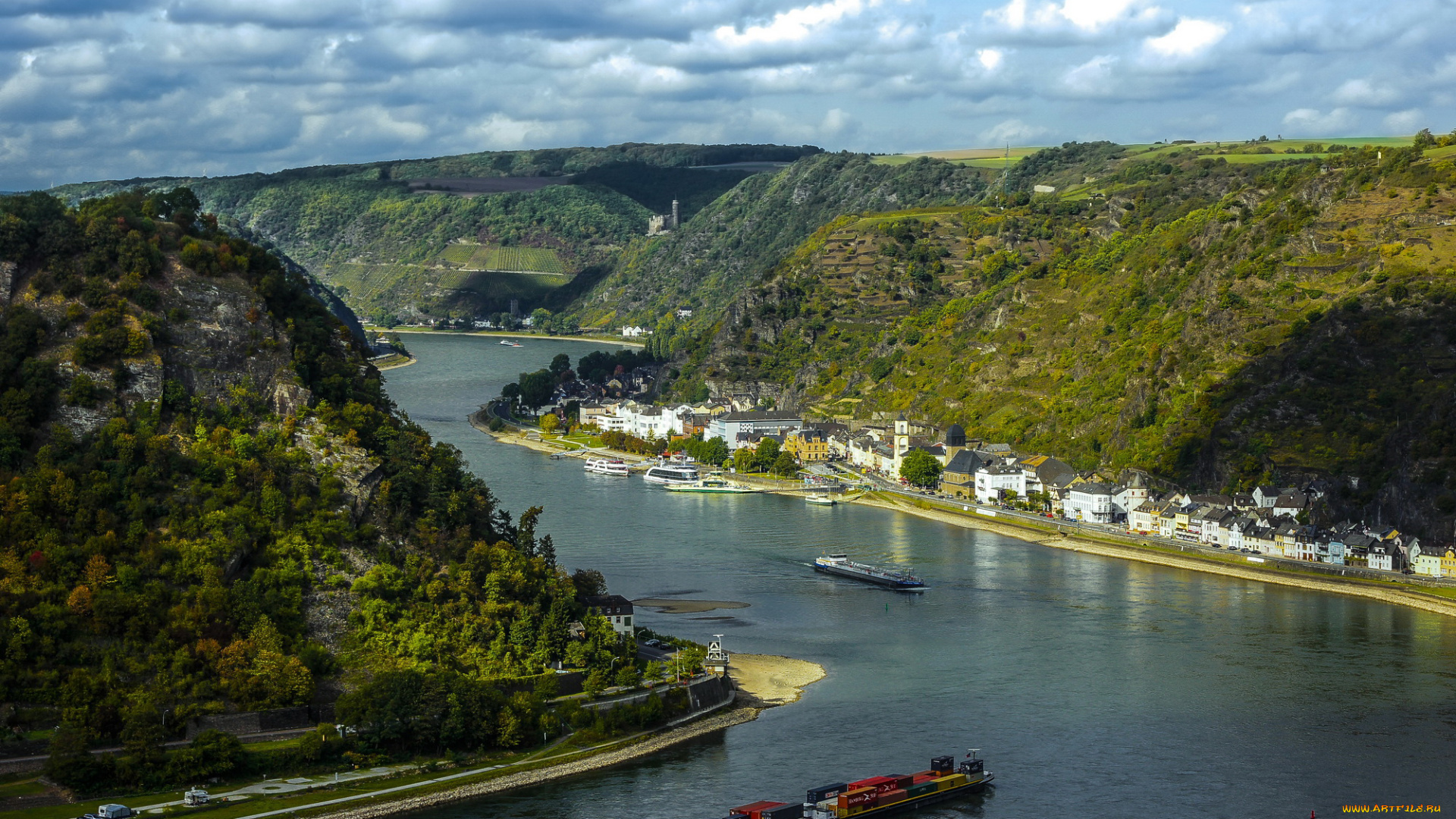 германия, бавария, sankt, goarshausen, города, -, панорамы, германия, бавария, sankt, goarshausen, дома, панорама, река, набережная