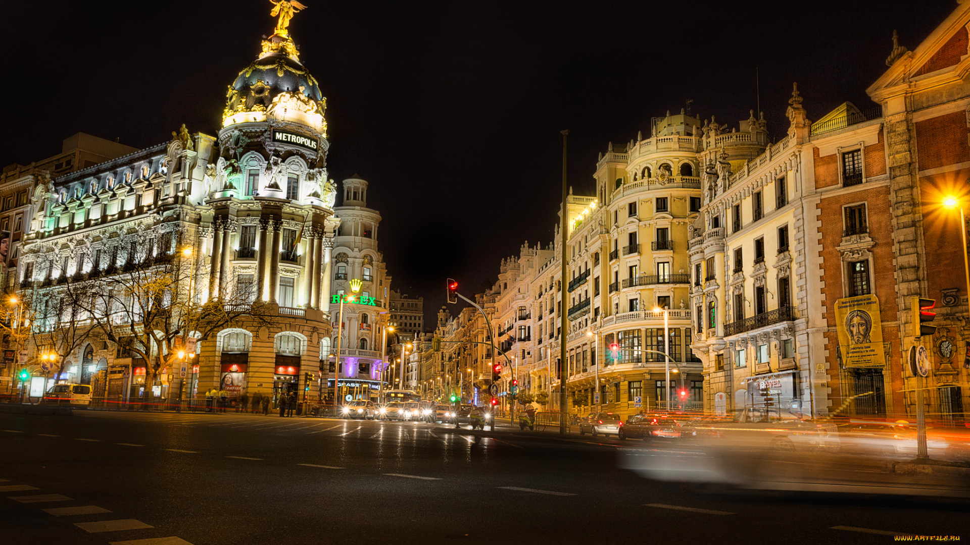 города, мадрид, , испания, madrid, spain, мадрид, ночь, улица, дома, огни, перекресток