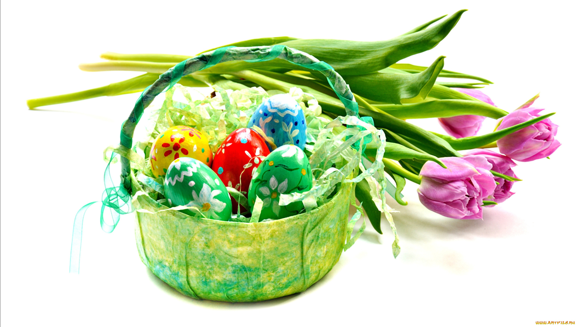 праздничные, пасха, тюльпаны, яйца, цветы, корзинка, розовые