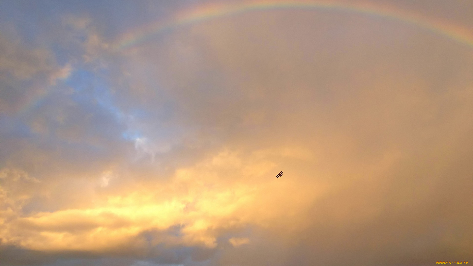 природа, радуга, небо, облака, закат, самолёт