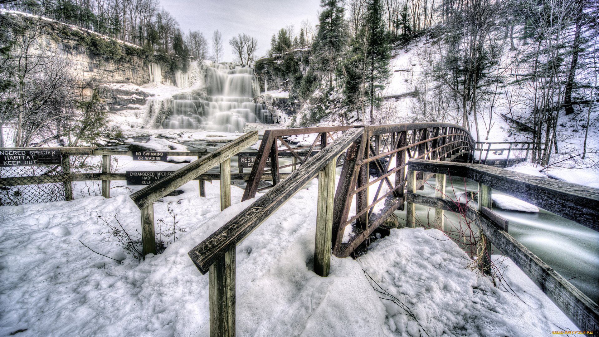 wooden, bridge, and, chittenango, falls, природа, водопады, река, водопадд, снег, мост