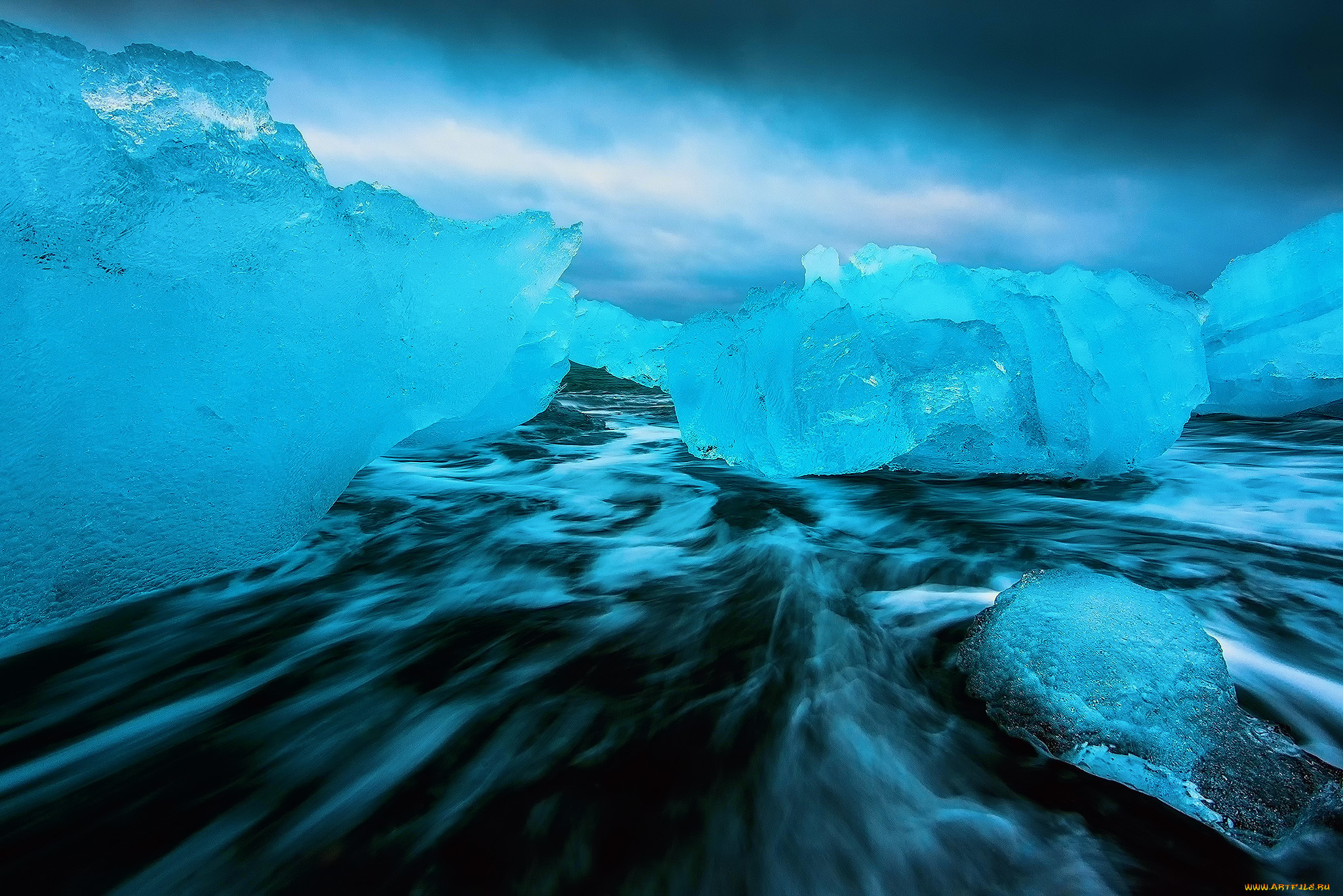 природа, айсберги, и, ледники, тёмные, воды, выдержка, море, лёд