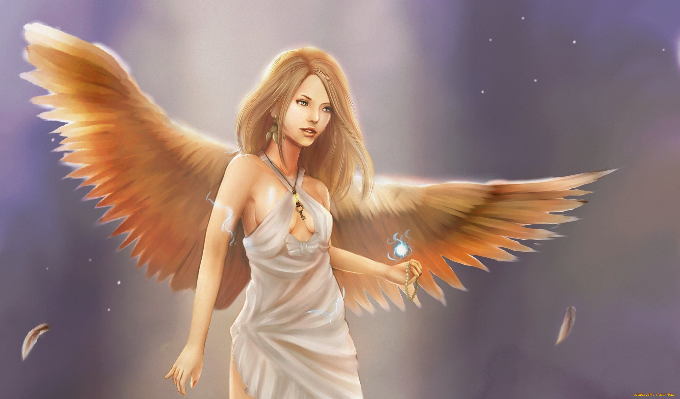 фэнтези, ангелы, девушка, ангел, взгляд, волосы, крылья, платье, фон
