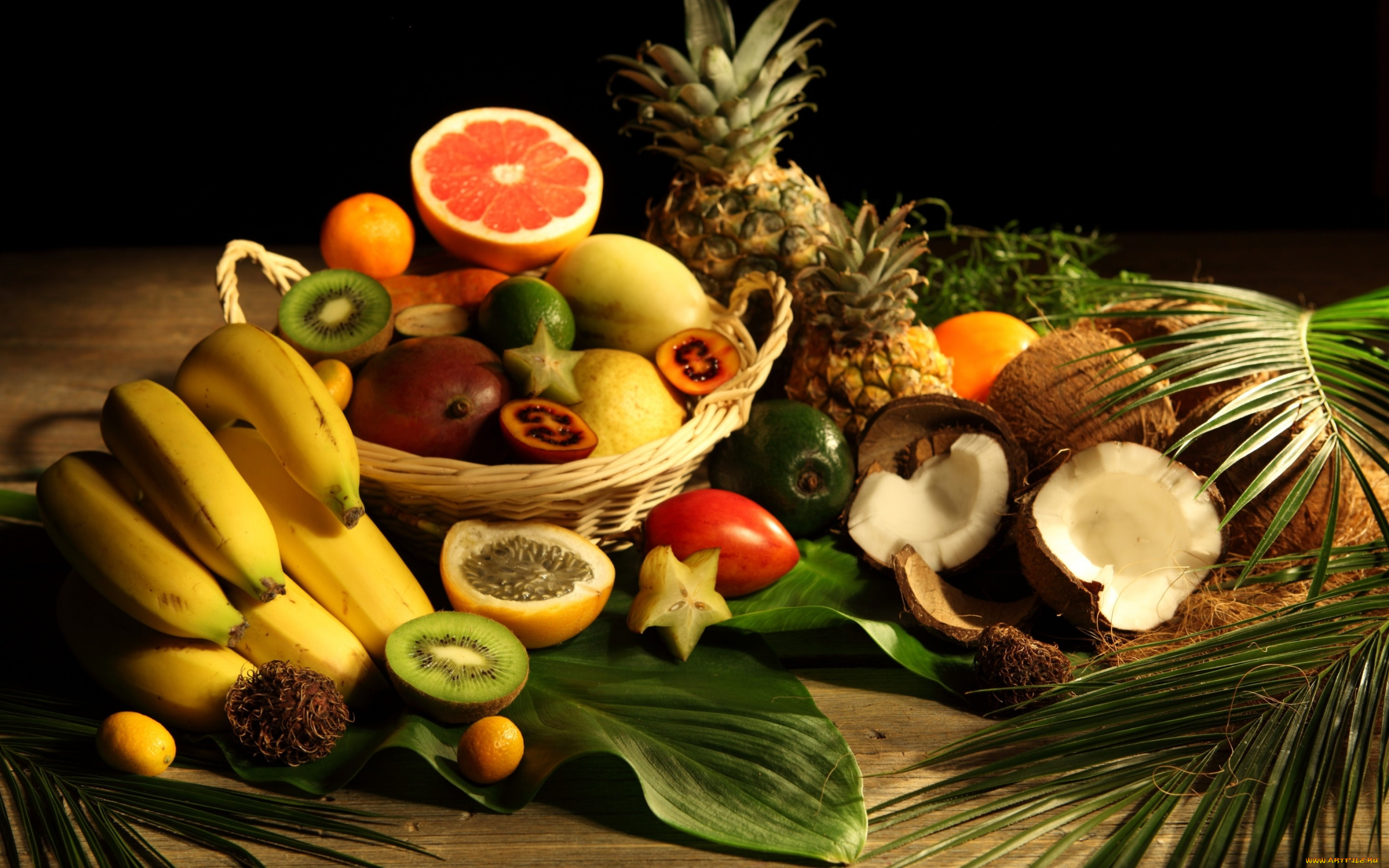 еда, фрукты, , ягоды, бананы, киви, ананас, кокос, грейпфрут, листья