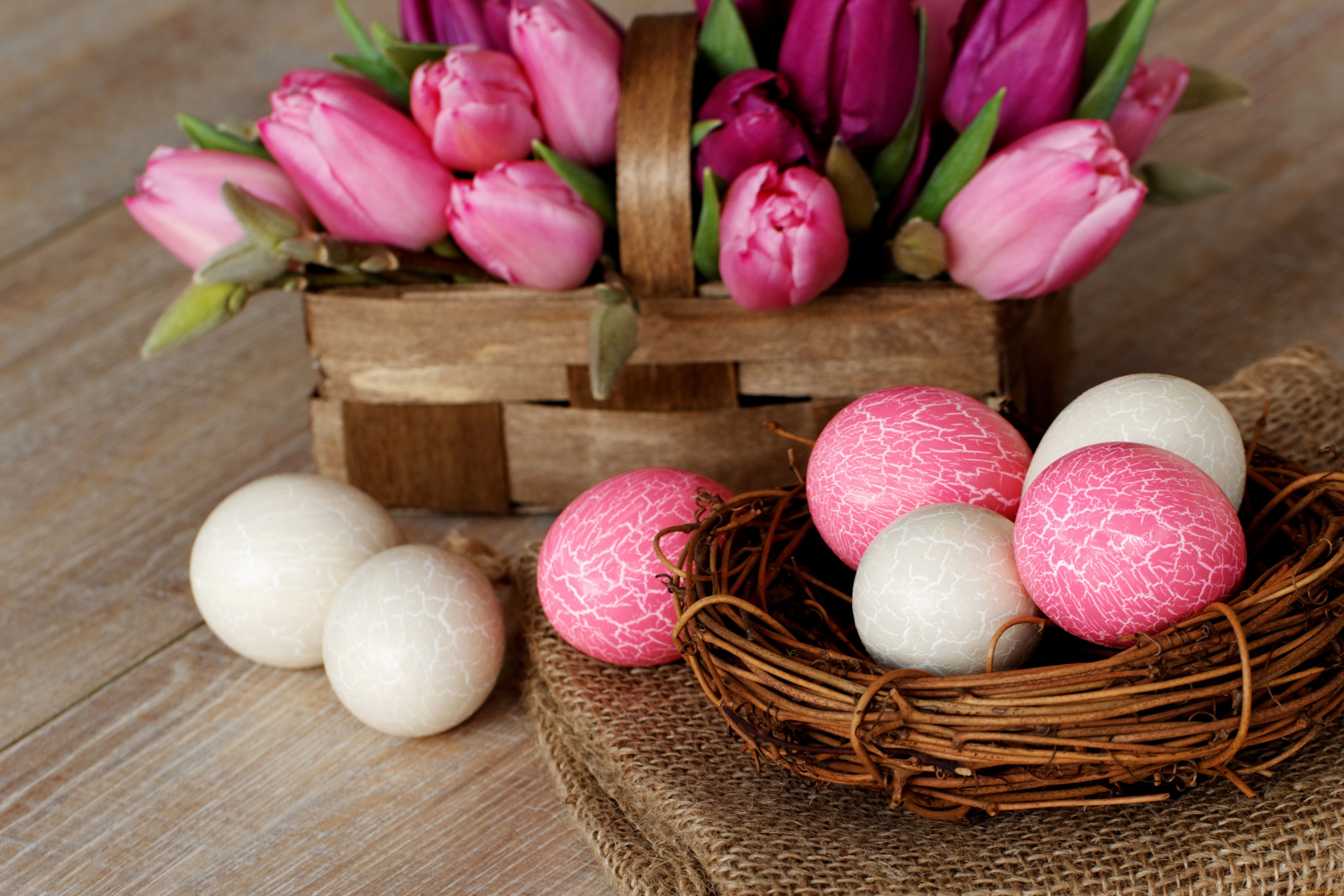 праздничные, пасха, easter, гнездо, яйца, пасхальные, розовые, белые, цветы, корзина, тюльпаны, праздник, весна