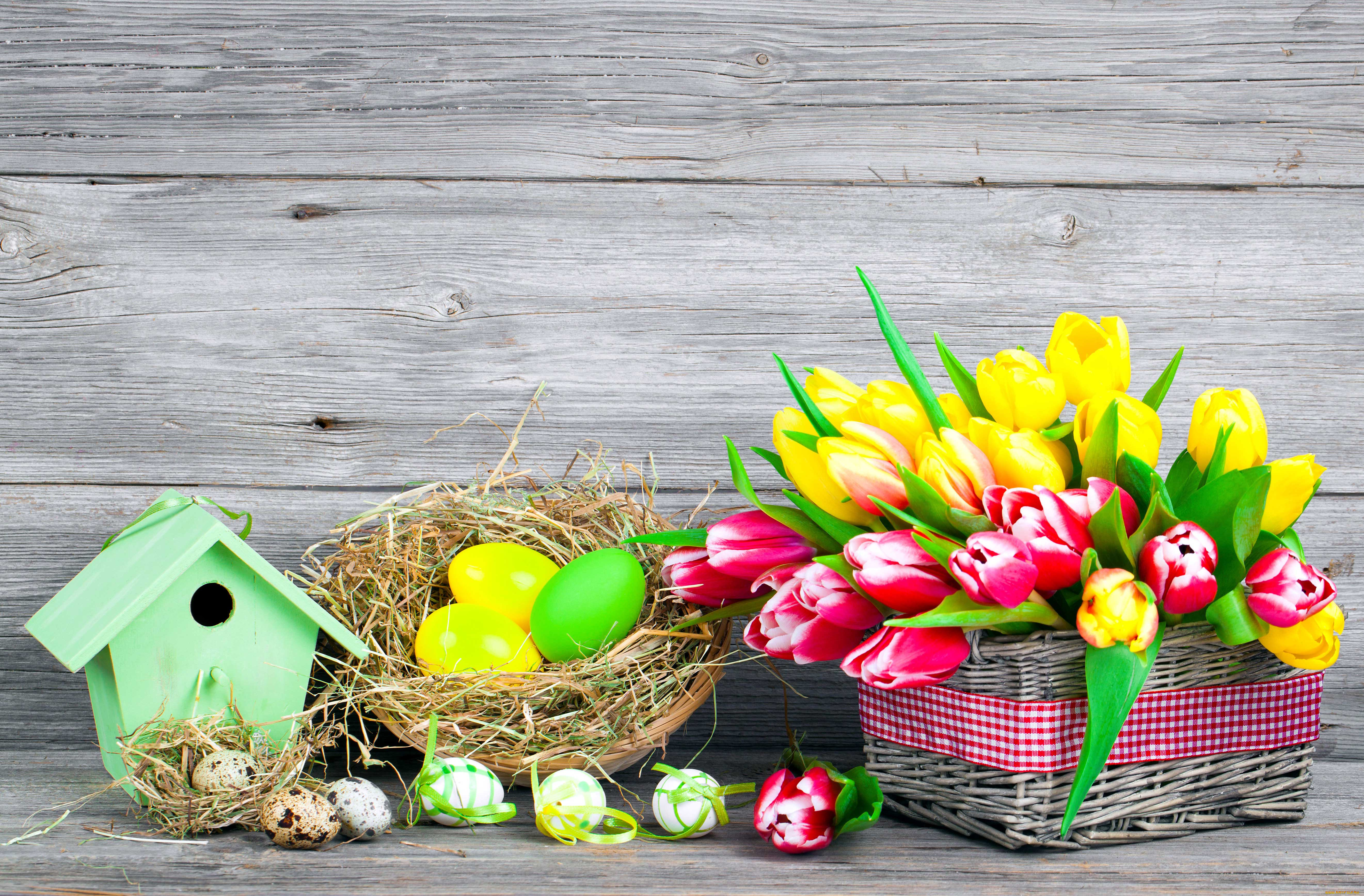 праздничные, пасха, корзинка, тюльпаны, скворечник, гнездо, яйца