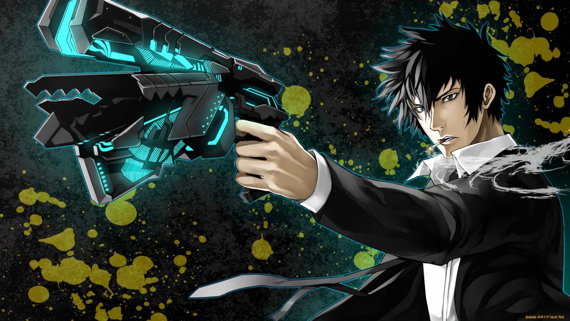 аниме, psycho-pass, kougami, shinya, сигарета, пистолет, оружие, парень, er-mint