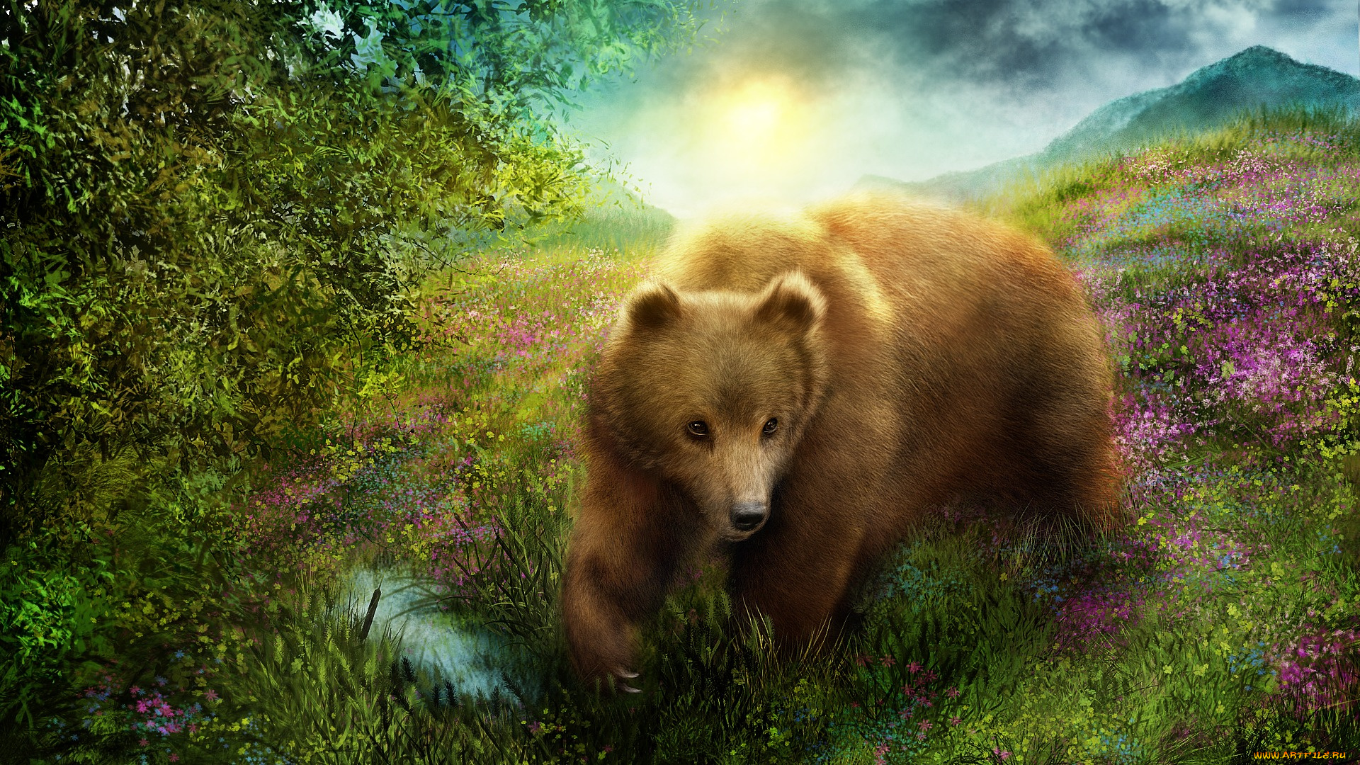 рисованное, животные, , медведи, медведь, природа, трава, мишка