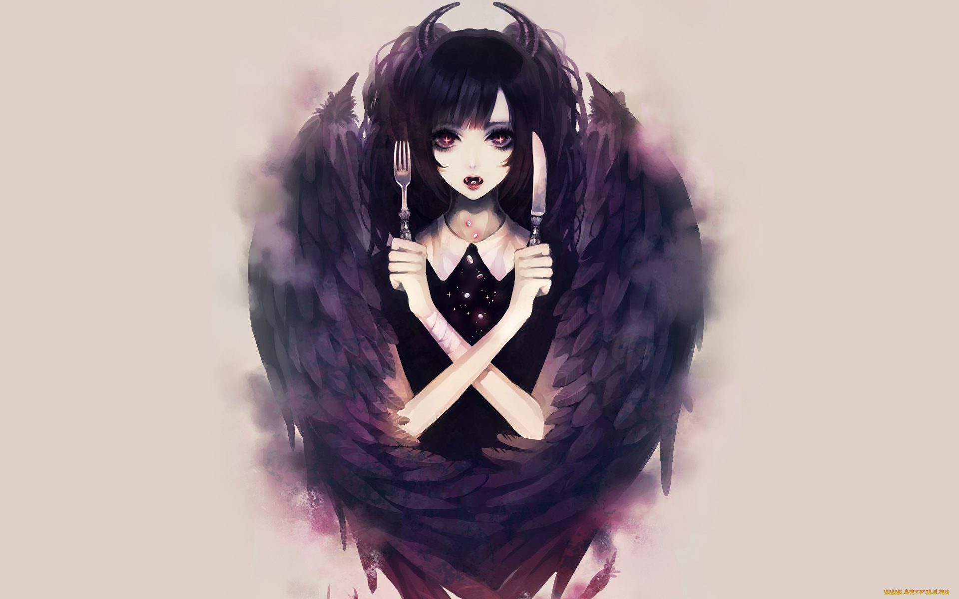 аниме, ангелы, , демоны, нож, вилка, рога, крылья, демон, девушка