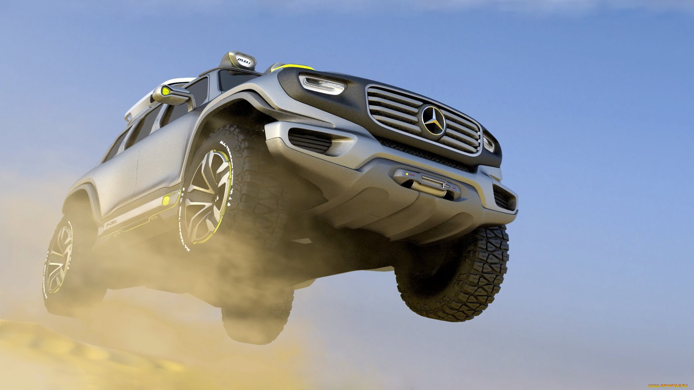 mercedes-benz, ener-g-force, concept, автомобили, mercedes-benz, серебристый, внедорожник, джип, concept, ener-g-force, небо, пыль, прыжок