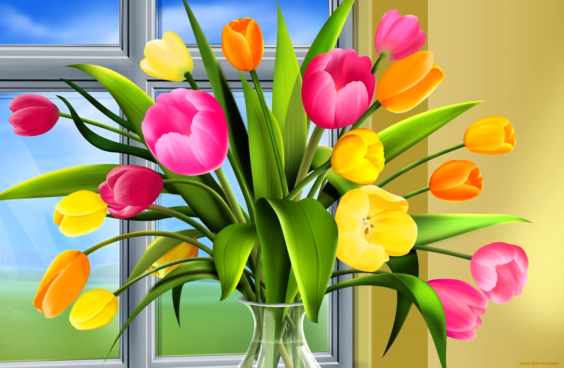 рисованное, цветы, тюльпаны, букет, ваза, окно