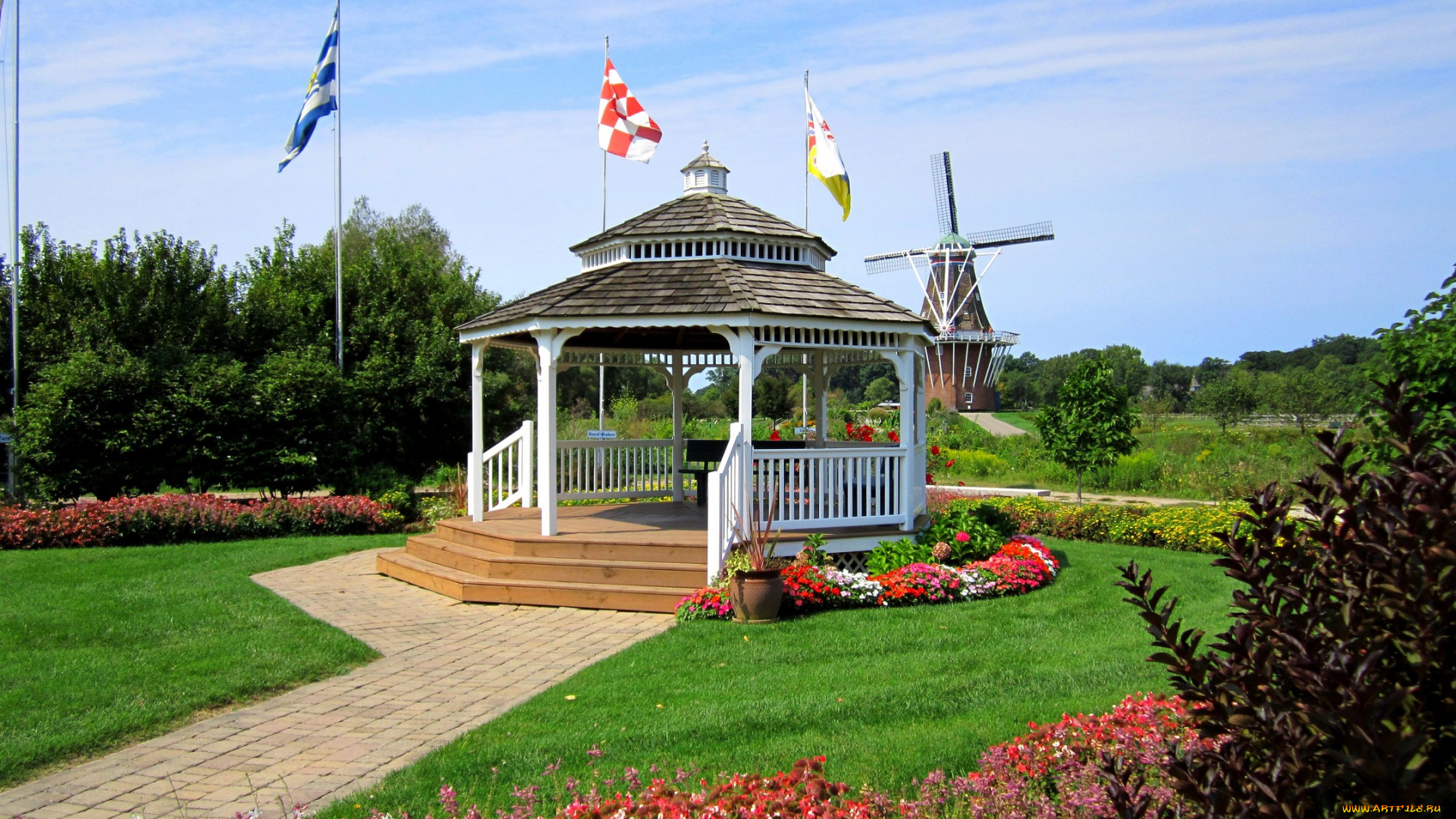 garden, gazebo, windmill, island, природа, парк, мичиган