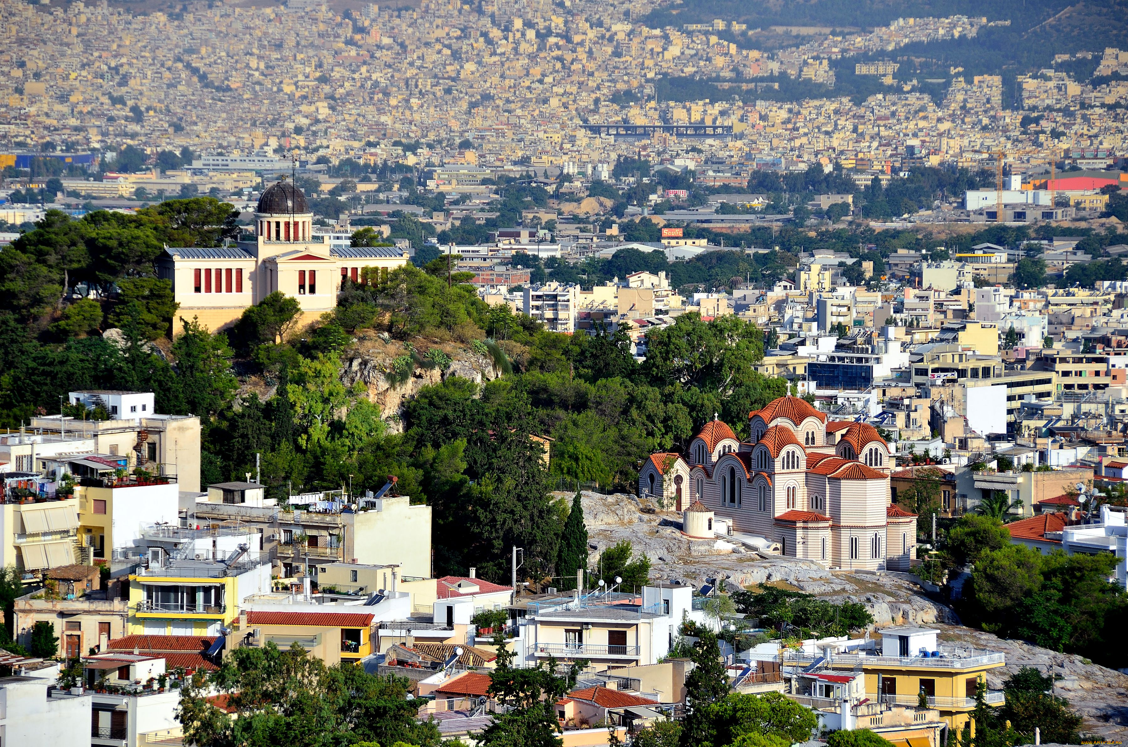 города, афины, греция, крыши, дома, панорама, церковь