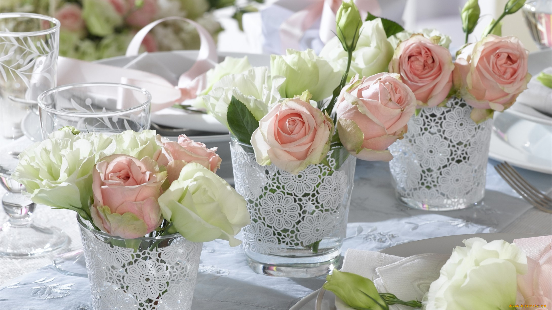 цветы, букеты, композиции, розовый, белый, эустома, розы, стаканы