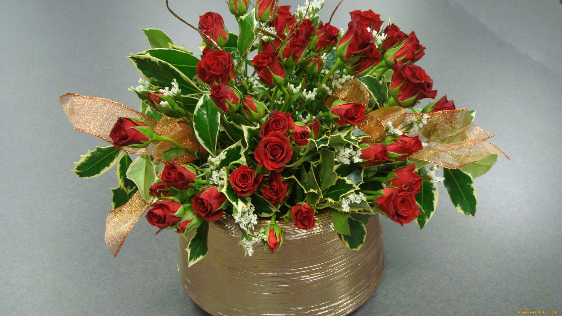 цветы, розы, красный, ваза, лента