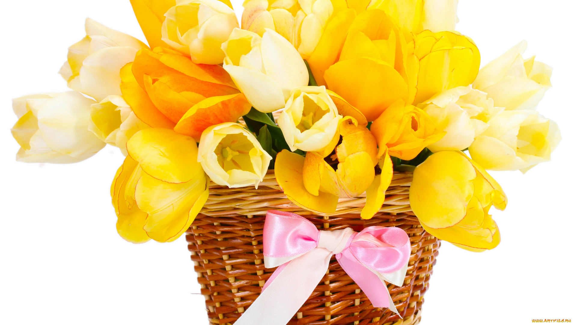 цветы, тюльпаны, розовый, корзинка, лента, желтый, бант