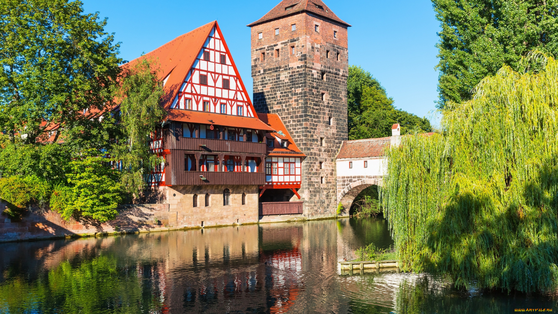 nuremberg, , bavaria, , germany, города, -, улицы, , площади, , набережные, набережная, pegnitz, river, нюрнберг, здания, мост, река, пегниц, henkersteg, германия, hangman's, bridge, bavaria, germany, бавария