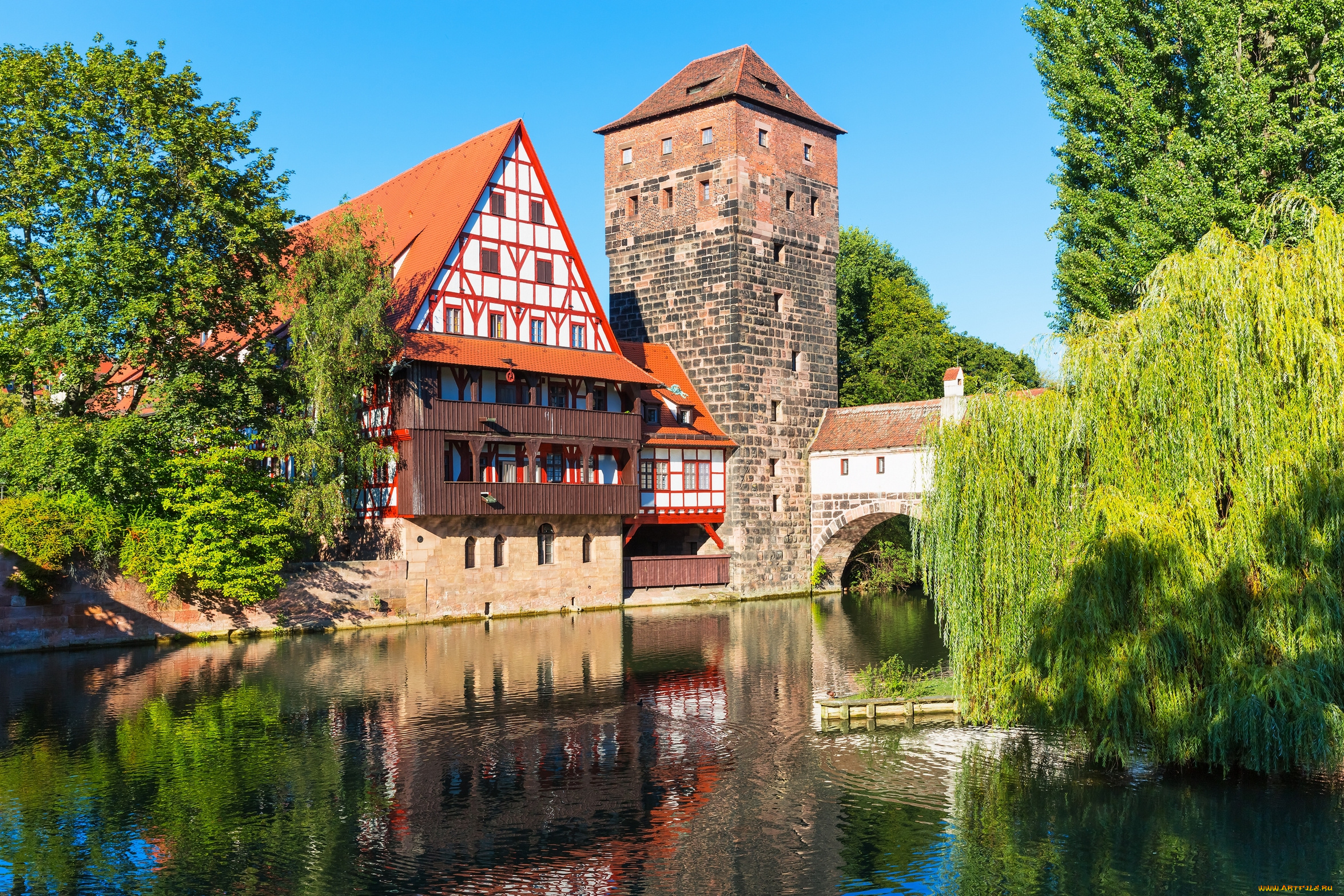 nuremberg, , bavaria, , germany, города, -, улицы, , площади, , набережные, набережная, pegnitz, river, нюрнберг, здания, мост, река, пегниц, henkersteg, германия, hangman's, bridge, bavaria, germany, бавария