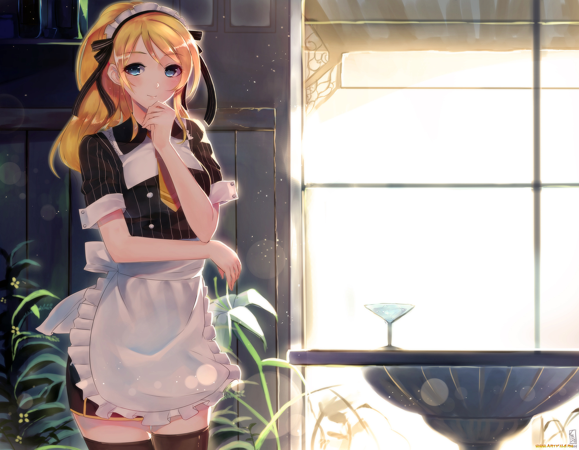 аниме, love, live, , school, idol, project, ayase, eli, ленты, чулки, фартук, форма, цветы, растения, бокал, junp, окно, свет, стол, комната, горничная, девушка