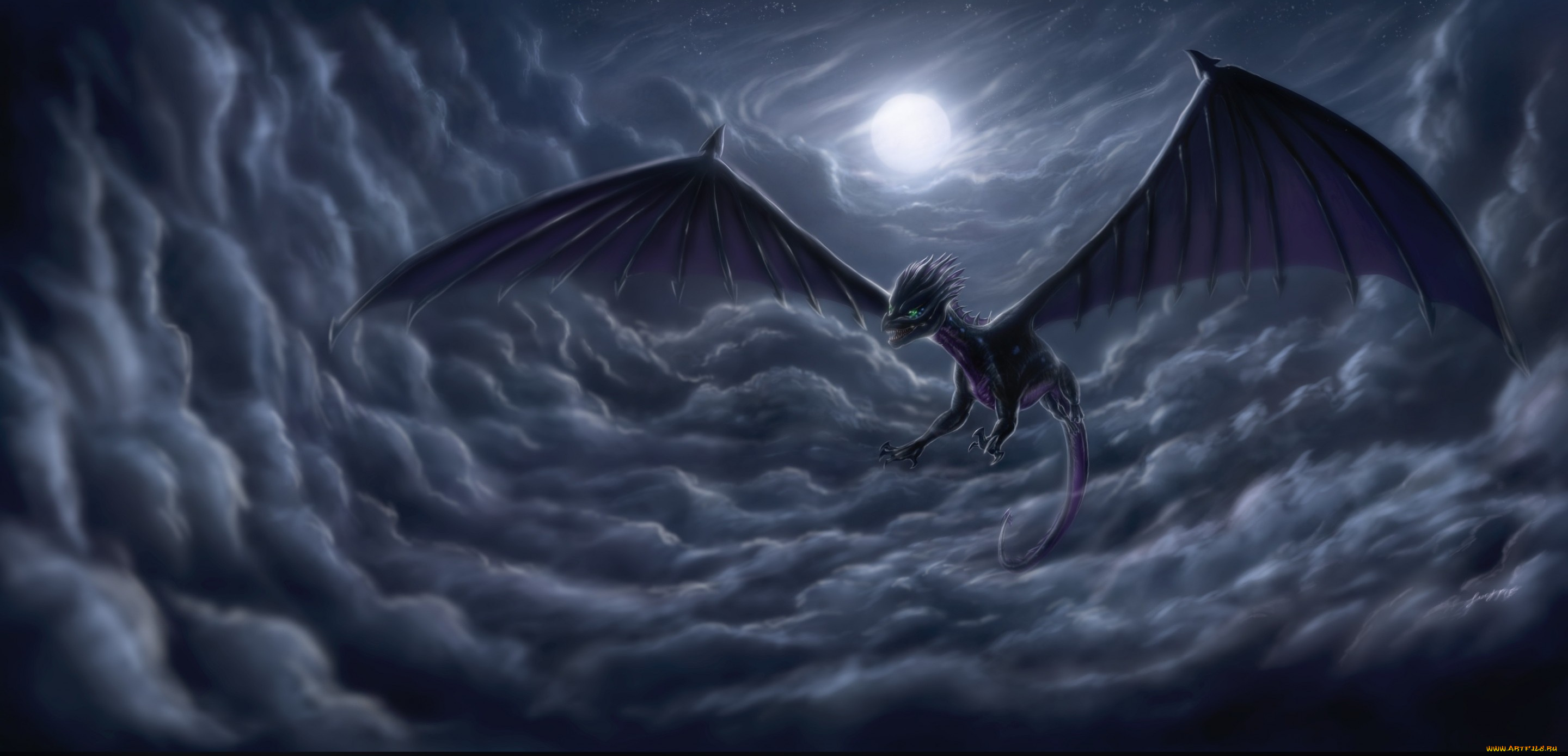 фэнтези, драконы, дракон, облака, ночь, небо, полёт, крылья