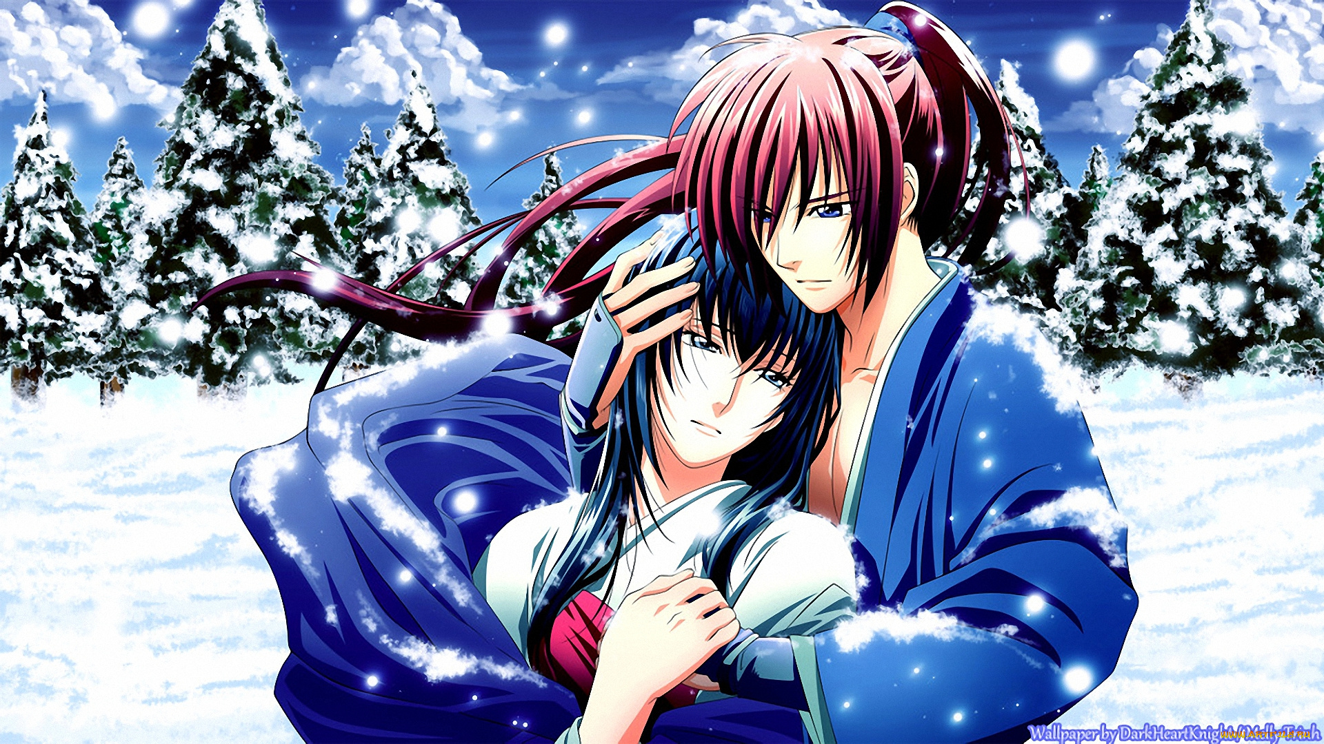 аниме, rurouni, kenshin, tomoe, yukishiro, самурай, kenshin, himura, мужчина, снег, лес