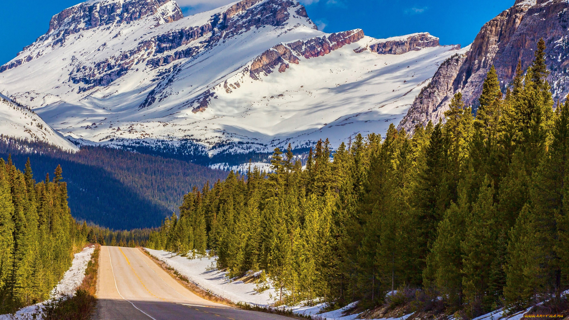 природа, дороги, канада, национальный, парк, банф, дорога, на, фоне, заснеженных, гор