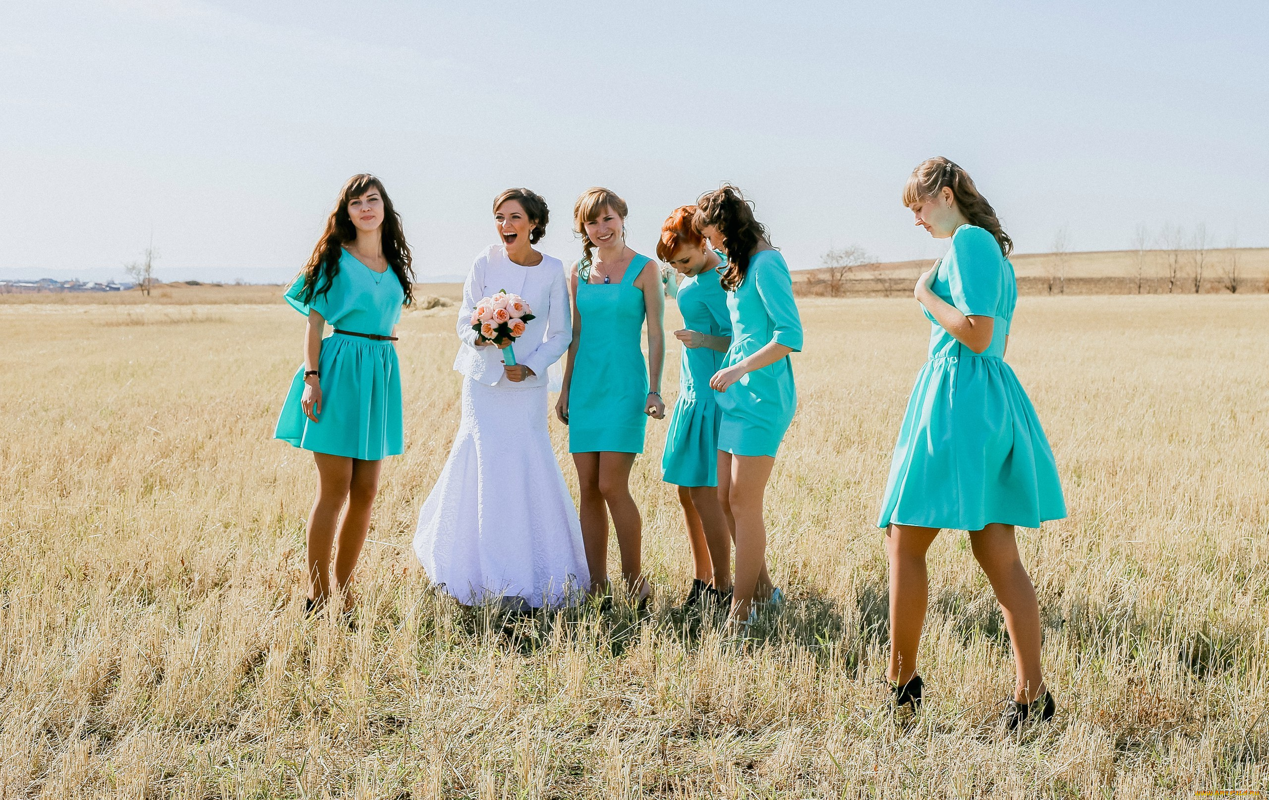 девушки, -unsort, , группа, девушек, цветы, букет, поле, невеста, подружки